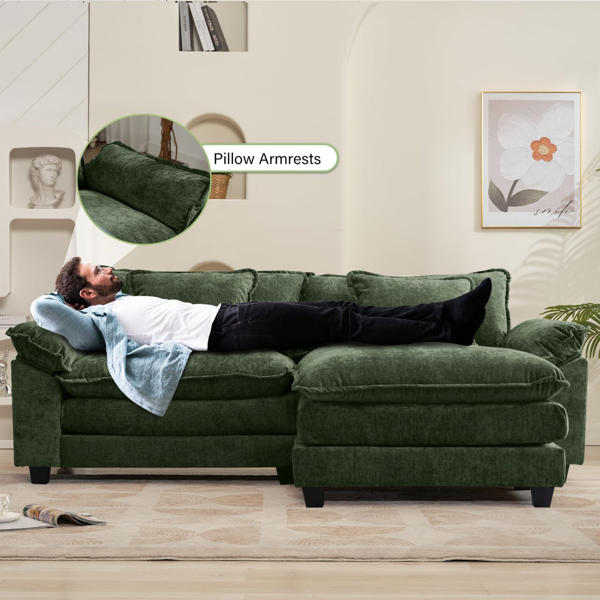 Oprisen 86" Modular Sectional Sofa, Comfy Cloud Couch Sectional Sofa with Ottoman, Chenille Sofa Sleeper Deep Seat Sofa with Throw Pillows for Living Room (Green, 86"- L Shape) Oprisen