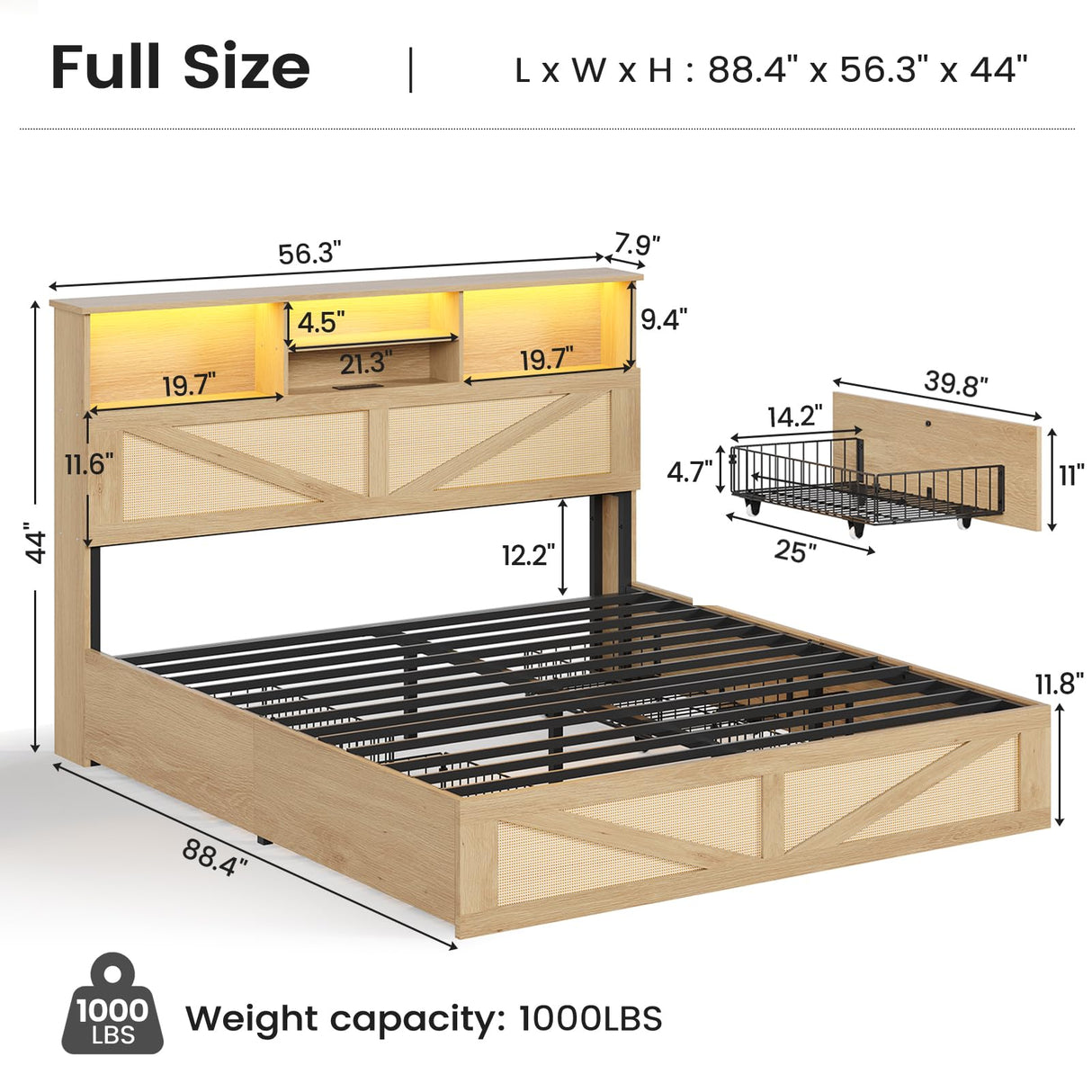 AOGLLATI Full Size Bed Frame with 4 Storage Drawers and 2-Tier Bookcase Hidden Headboard, Rattan Led Bed Frame Full Size with Charging Station, No Box Spring Needed, Wood AOGLLATI