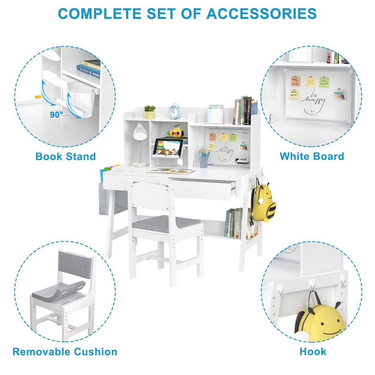 GDLF Kids Study Desk and Chair Set, Adjustable Children Study Table with Chair, Kids Wooden Study Desk with Hutch, Drawers, Book Stand, Whiteboard and Fabric Storage Bag for 5-12 Years Old GDLF