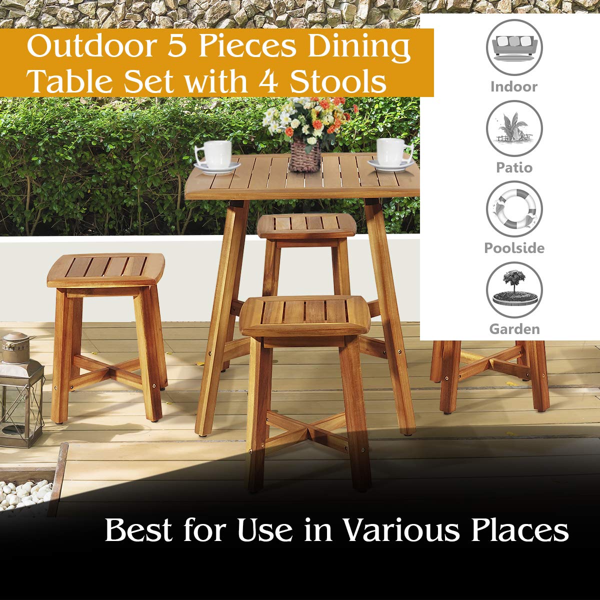 Tangkula 5 Piece Wood Patio Dining Set, Outdoor Dining Furniture w/Square Table & 4 Stools, Garden Conversation Dinging Set for Porch, Backyard, Balcony, Poolside, Reddish Brown Tangkula