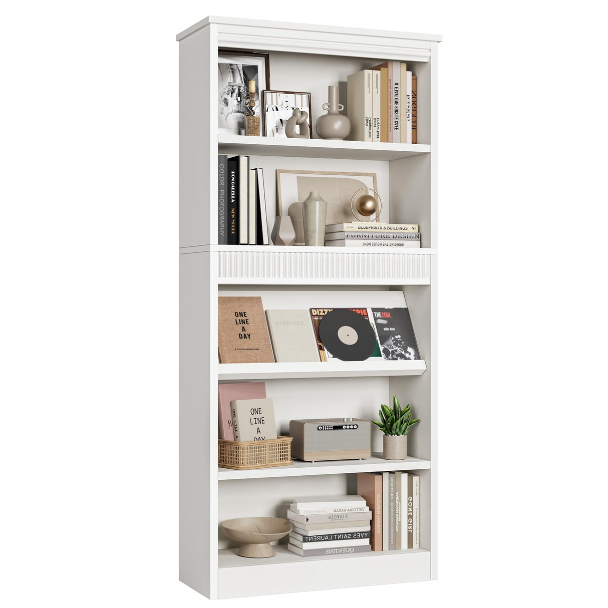 GarveeHome 71 in Farmhouse Bookcase w/Display Rack & Fluted Design, 5 Tier Tall Bookshelf with Wooden Base, Wood Bookshelf Vintage Book Shelf for Office Library (White, 71.5" H x 30.7" W x 11.9" D) GarveeHome