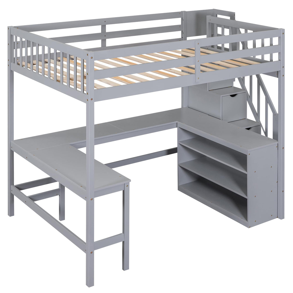 SOFTSEA Grey Full Loft Bed with L-Shaped Desk, Storage Steps, and Cabinet for Kids & Teens SOFTSEA