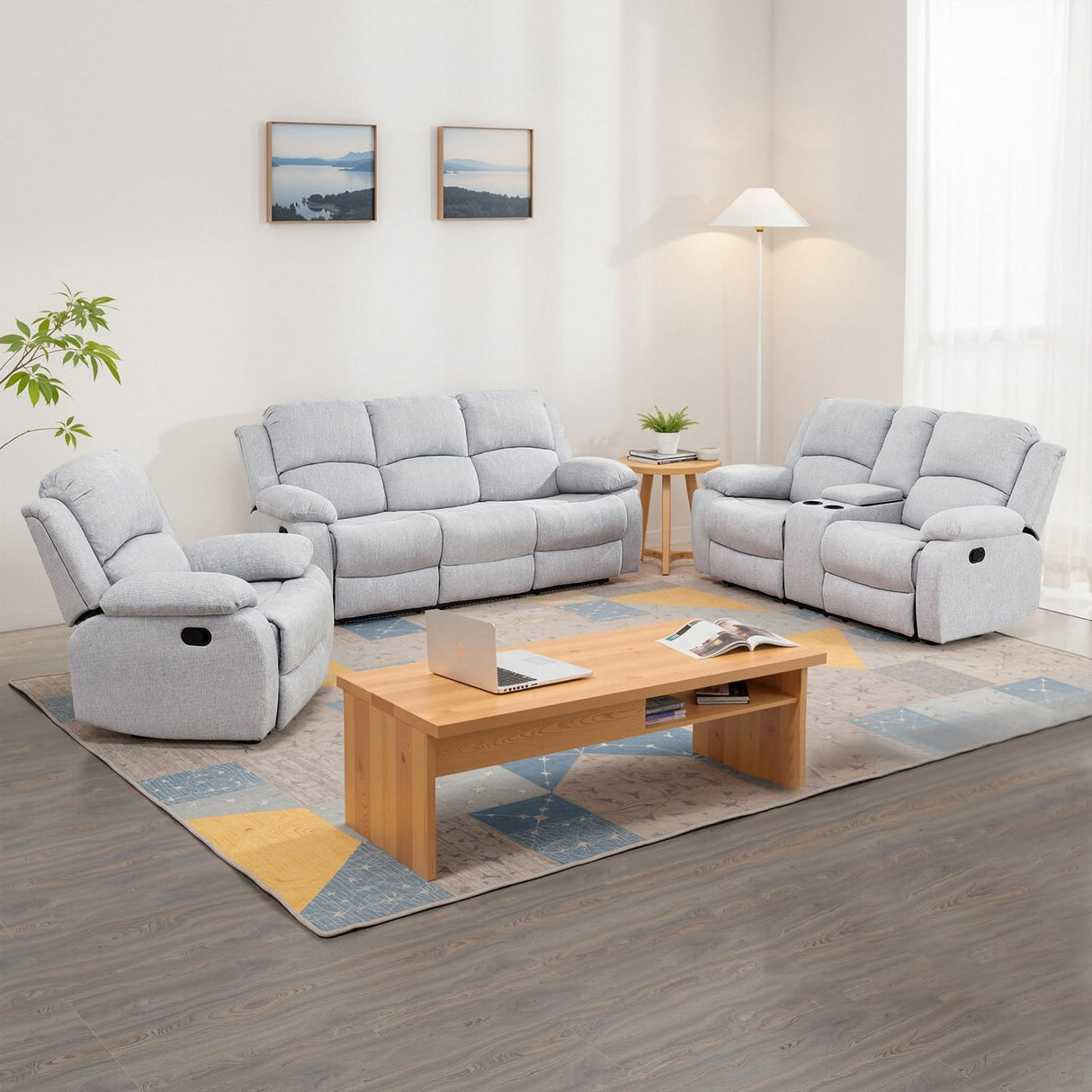 Manual Recliner Sofa Set,Microfiber Reclining Couch Set,Modern Living Room Furniture Set,Reclining Sofa Couch Chair for Living Room Home Office(Grey/White,3 Pieces Set) Pon Living Furniture Inc