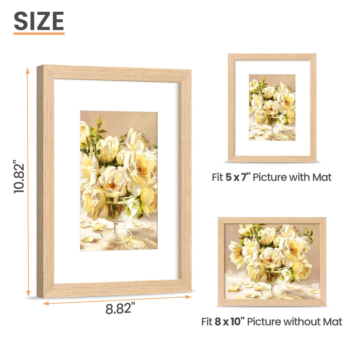 upsimples 8x10 Picture Frame, Natural Solid Wooden Picture Frames, Display 5x7 with Mat or 8 x 10 Without Mat, Wall or Tabletop, 1 Pack upsimples