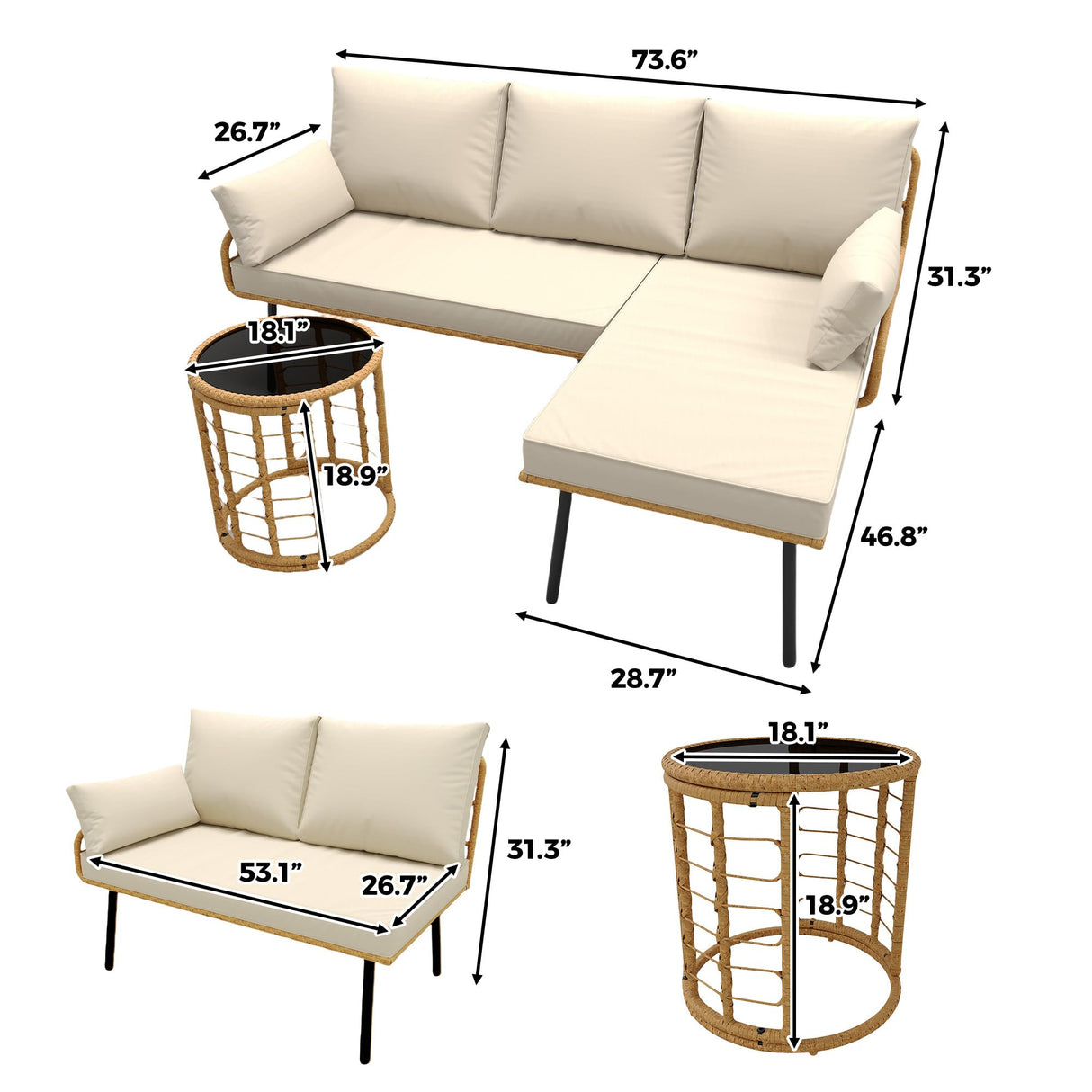 IDEALHOUSE 3 Pieces L-Shaped Conversation Sofa Set, PE Rattan Wicker Outdoor Sectional Couch Patio Set with Detachable Lounger, Thick Cushions, Glass Side Table for Backyard, Porch, Deck, Beige IDEALHOUSE