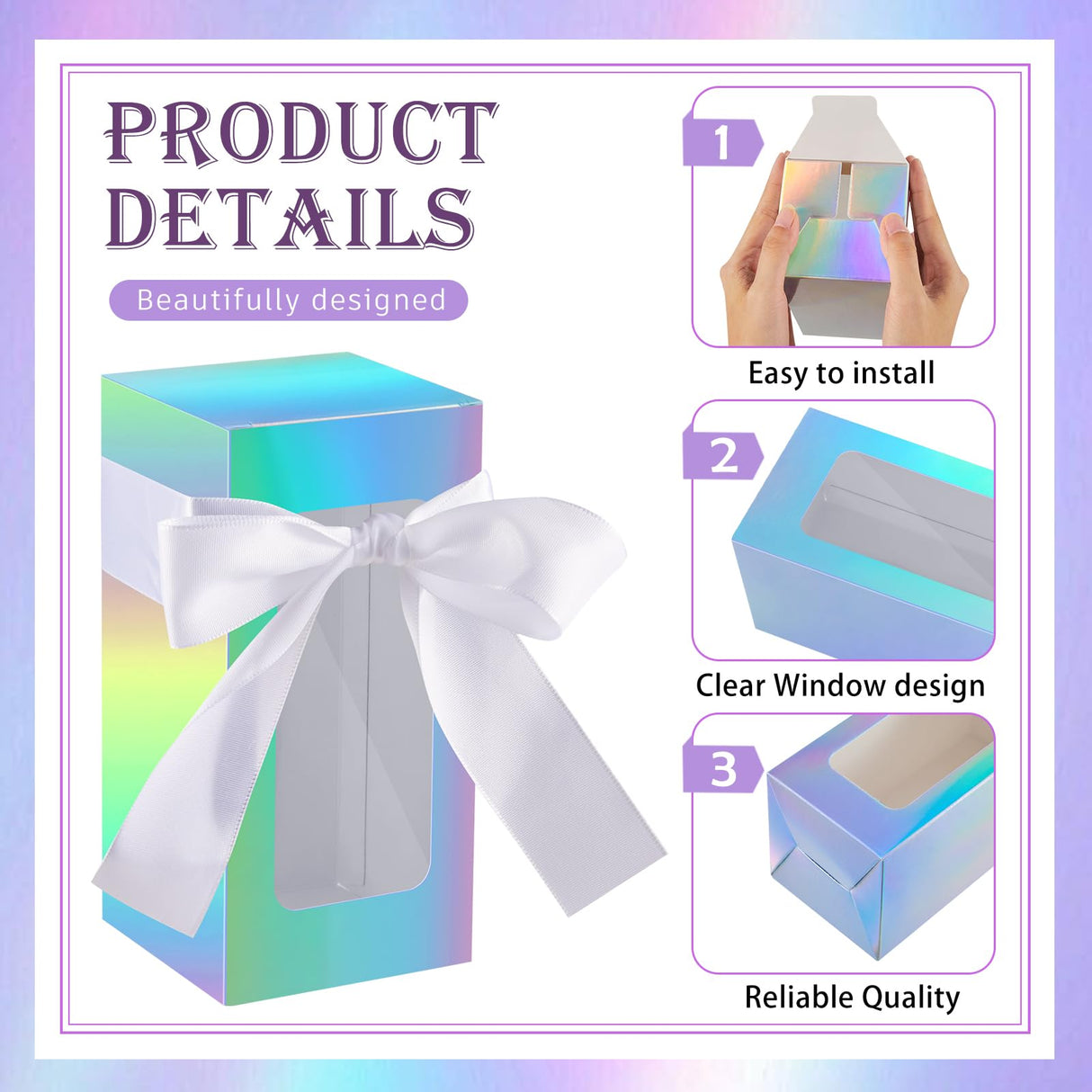 Fulmoon 36 Sublimation Glass Gift Boxes with Ribbon Sets, Christmas Thank You Tumbler Cup Exhibition Boxes, Shipping Blanks Sublimation Gift Wrapping for 12 16 18oz Glass Cup(Holographic) Fulmoon