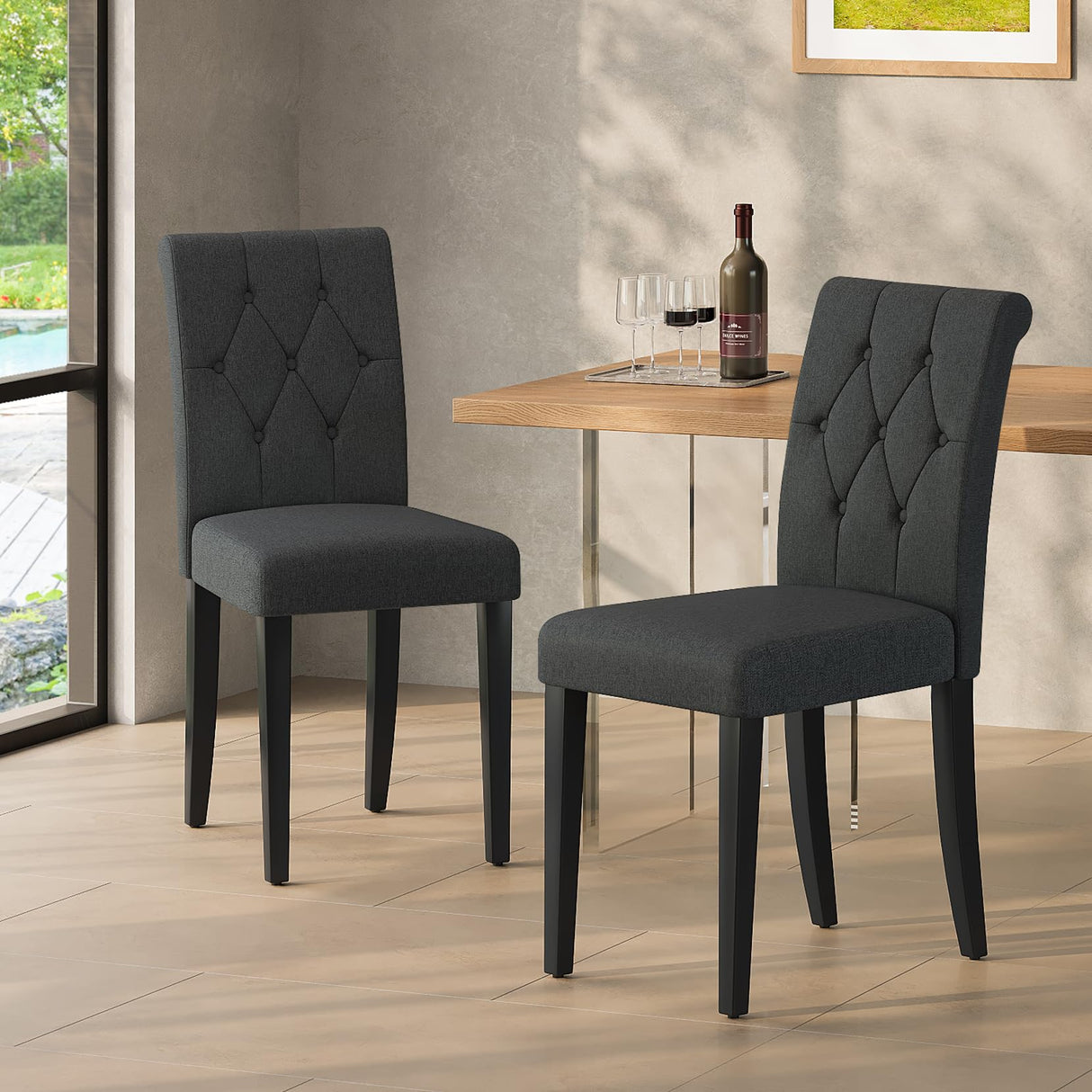 Welzona Upholstered Dining Chairs Set of 4, Button Tufted Parsons Dining Chair with Solid Wood Legs, Modern Fabric Side Chair for Dining Room/Kitchen/Restaurant/Hotel- Black Welzona