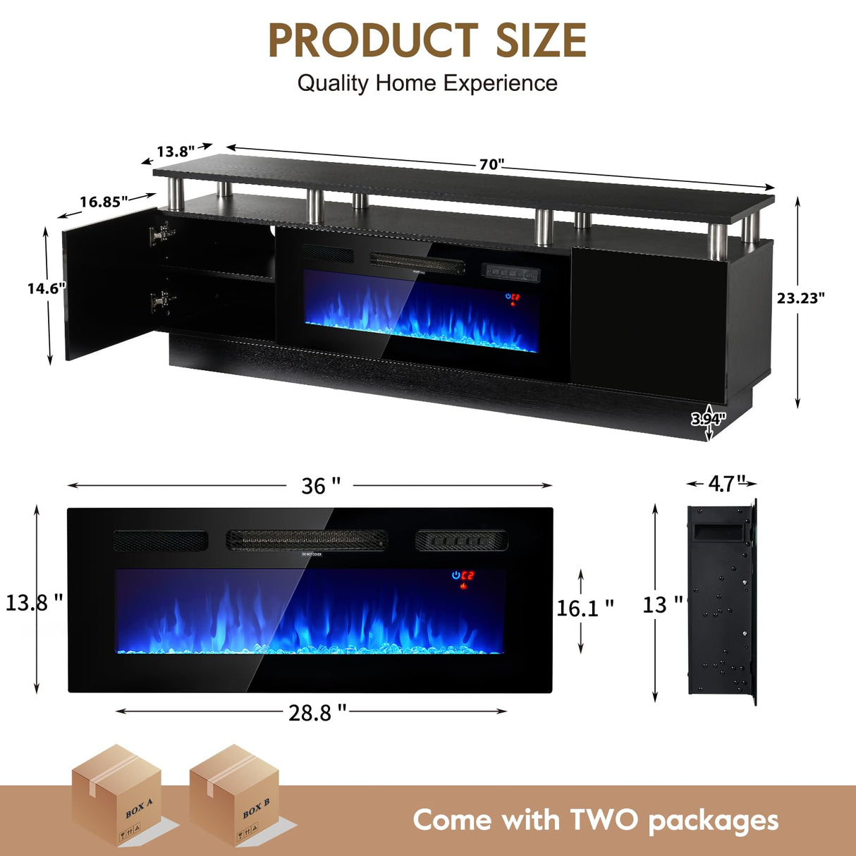 OneBlis 70" TV Stand for Living Room, Modern Entertainment Center & Media Console, Fits TVs up to 80", Storage Cabinet with Shelves, 36" Electric Fireplace with LED Flame (All Black) OneBlis