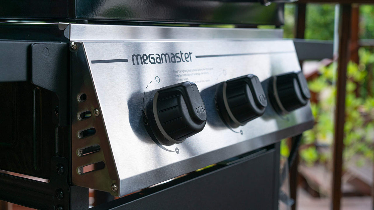Megamaster 3-Burner Propane Gas Grill with Folding Side Tables, 30,000BTUs, 429.81 sq. in. Cooking Space, Stainless Steel Control Panel, Outdoor Kitchen Grill for BBQs, Patios, and More - 720-0988EA Megamaster