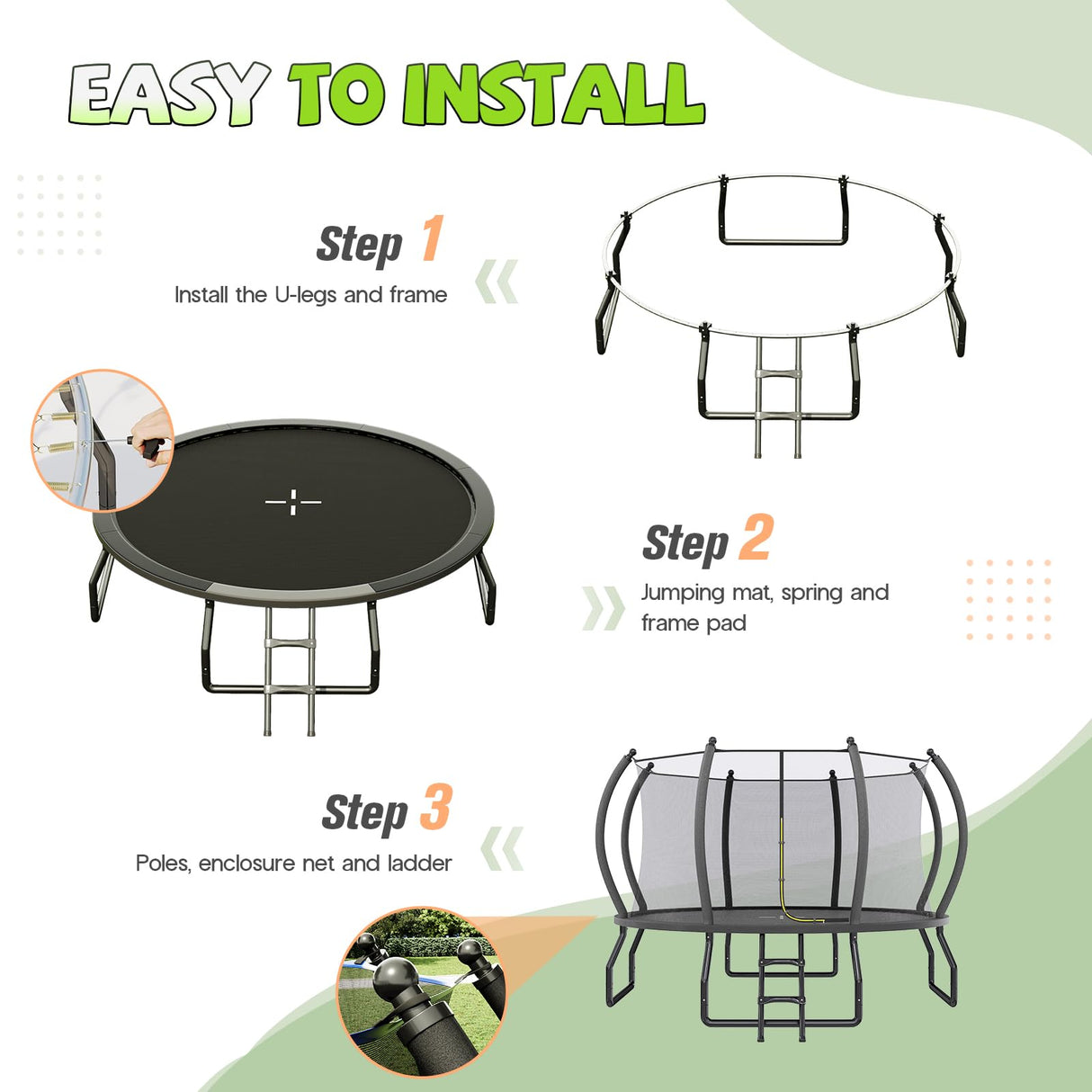 YUMPIE 8FT 10FT 12FT 14FT 16FT Outdoor Trampoline with Enclosure Net and Ladder, Recreational Trampolines for Kids and Adults, Quick Connect Frame, ASTM Approval YUMPIE