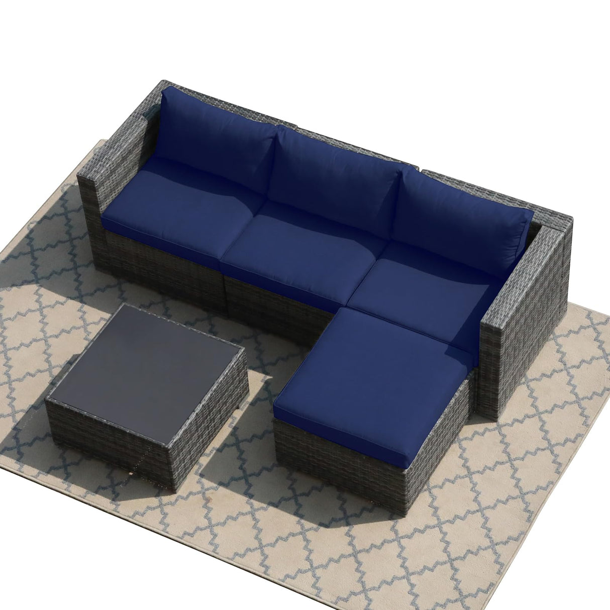 Super Patio Outdoor Patio Furniture Set, 5 Piece PE Wicker Outdoor Sectional Sofa Set, Rattan Patio Conversation Set with Cushions and Coffee Table for Garden, Backyard, Porch, Navy Blue Super Patio