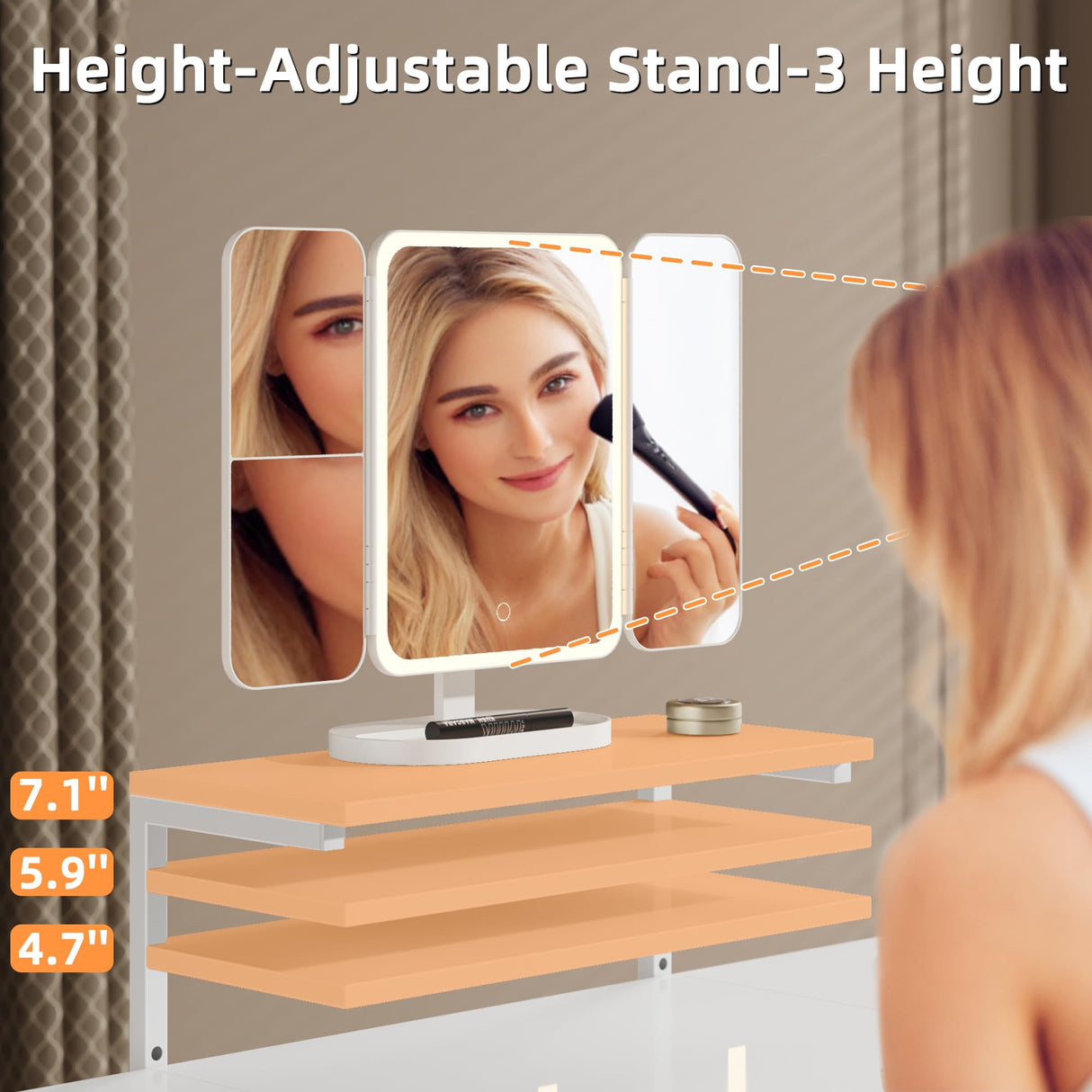 HIGDBFE Makeup Vanity Desk with Mirror and Lights & 3 Drawers, Small Vanity Desk with Height-Adjustable Stand, Vanity Table for Girls Gifts, Bedroom and Small Spaces, Fabric Drawer, 27.5'', White HIGDBFE