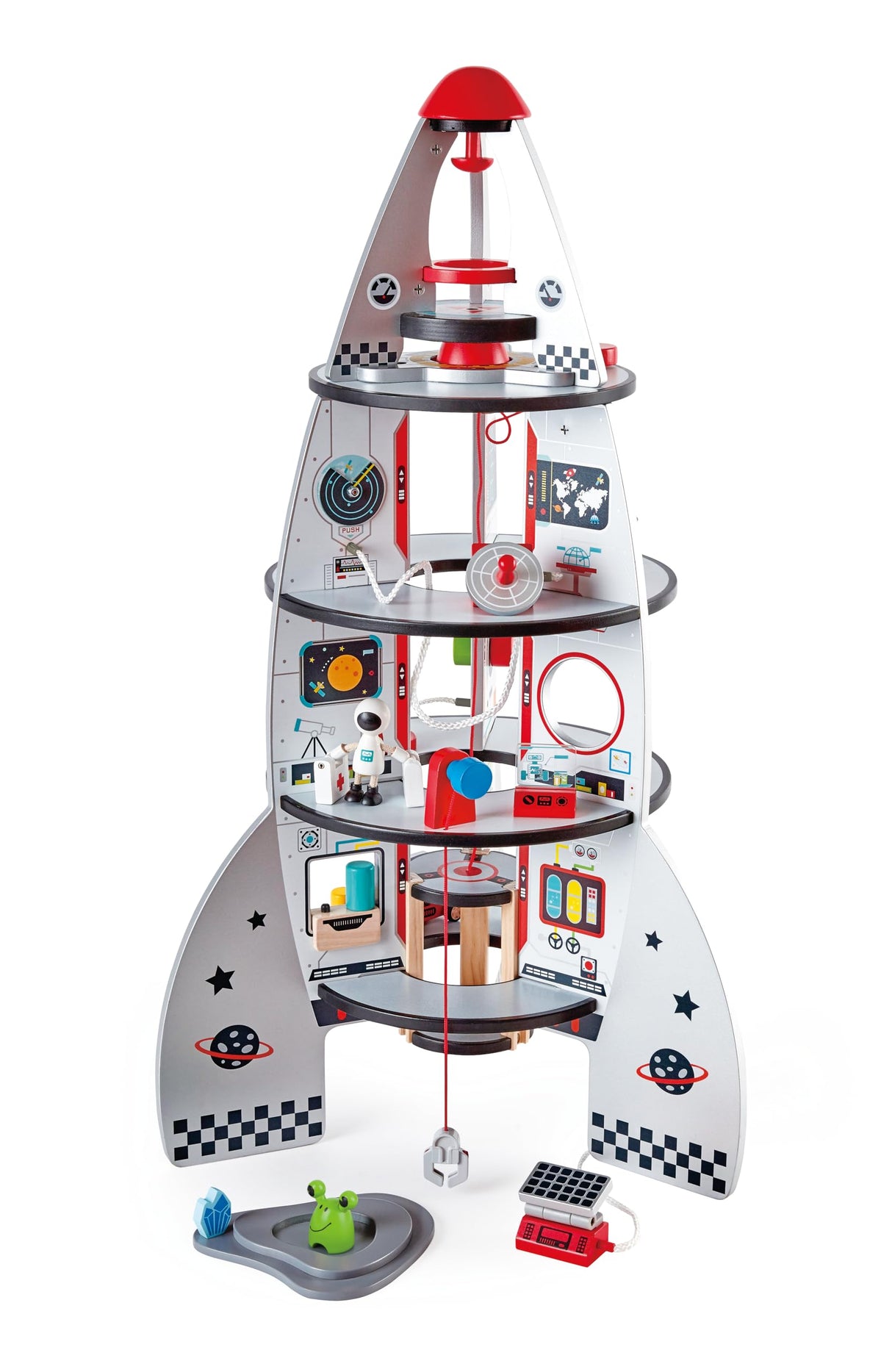 Hape Four Stage Toddler Rocket Ship Playset | A Wooden Spaceship Toy with Real Life Space Shuttle Designs Hape