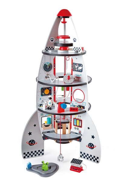 Hape Four Stage Toddler Rocket Ship Playset | A Wooden Spaceship Toy with Real Life Space Shuttle Designs