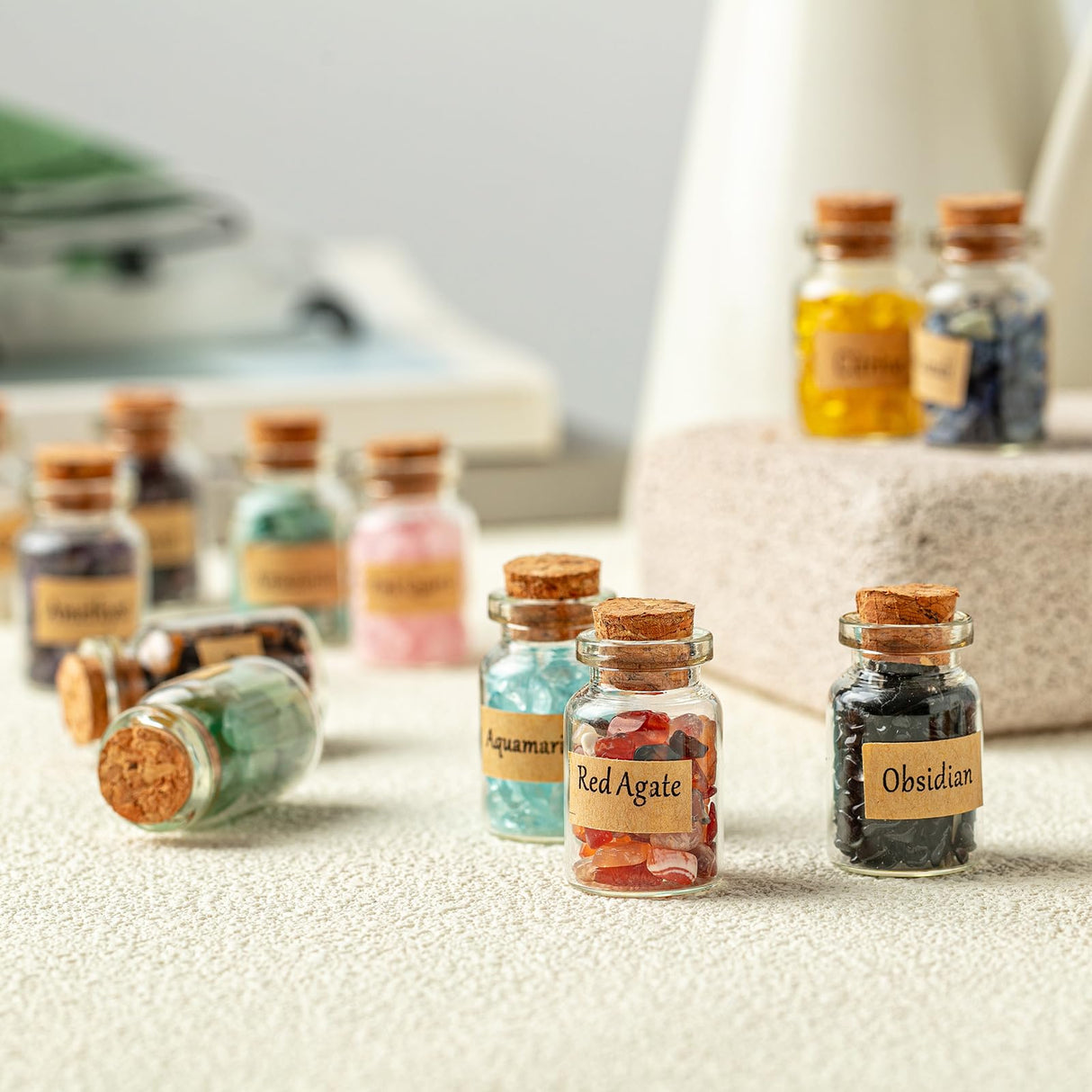 KHOCOEE 12 Different Gemstone Bottles Chip Crystals and Healing Stone, Chakra Healing Crystals Bottles, Wicca Gem Stones Set, Witchcraft Crystals KHOCOEE