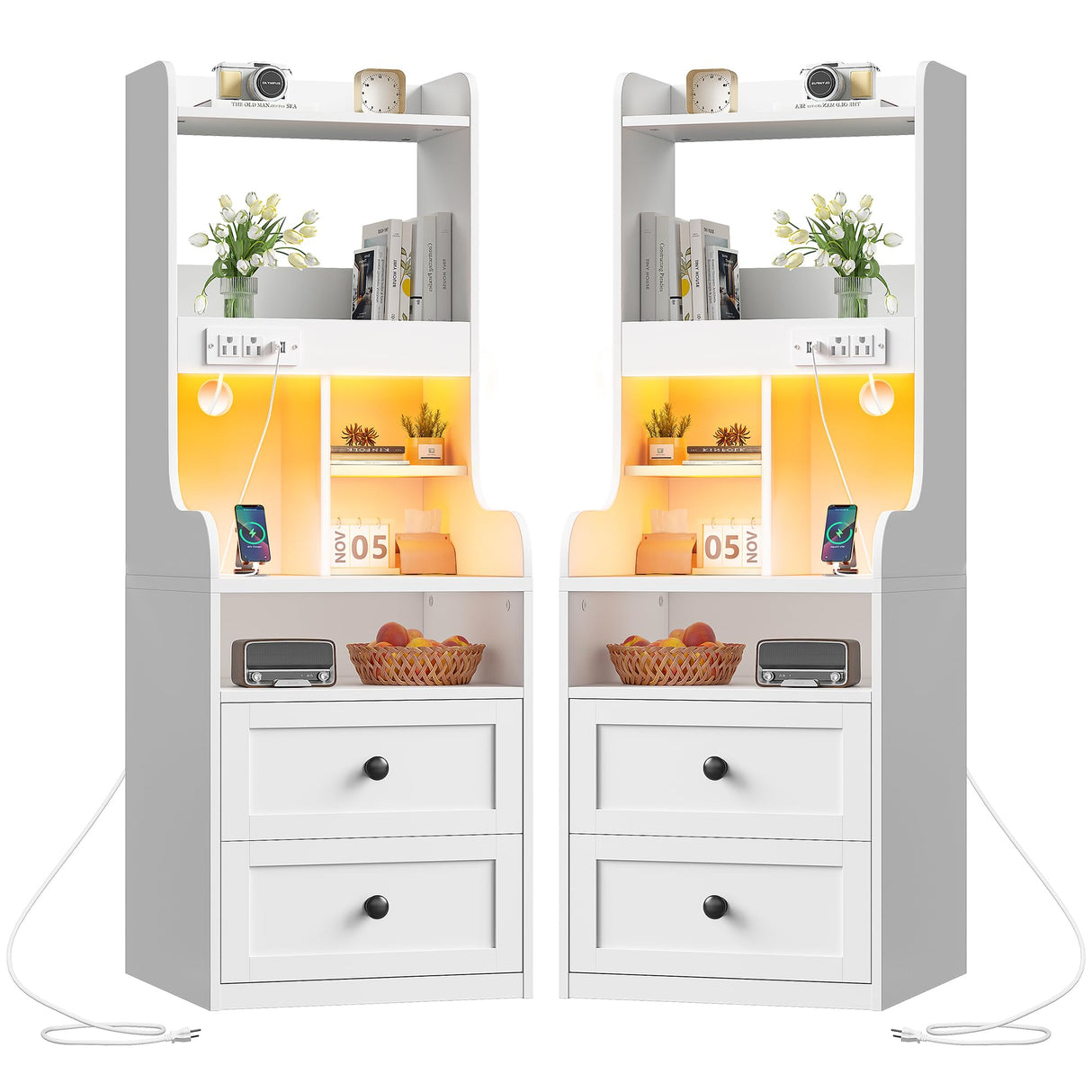 EnHomee Tall LED Nightstands Set of 2 with Charging Station and 2 Drawers in White EnHomee
