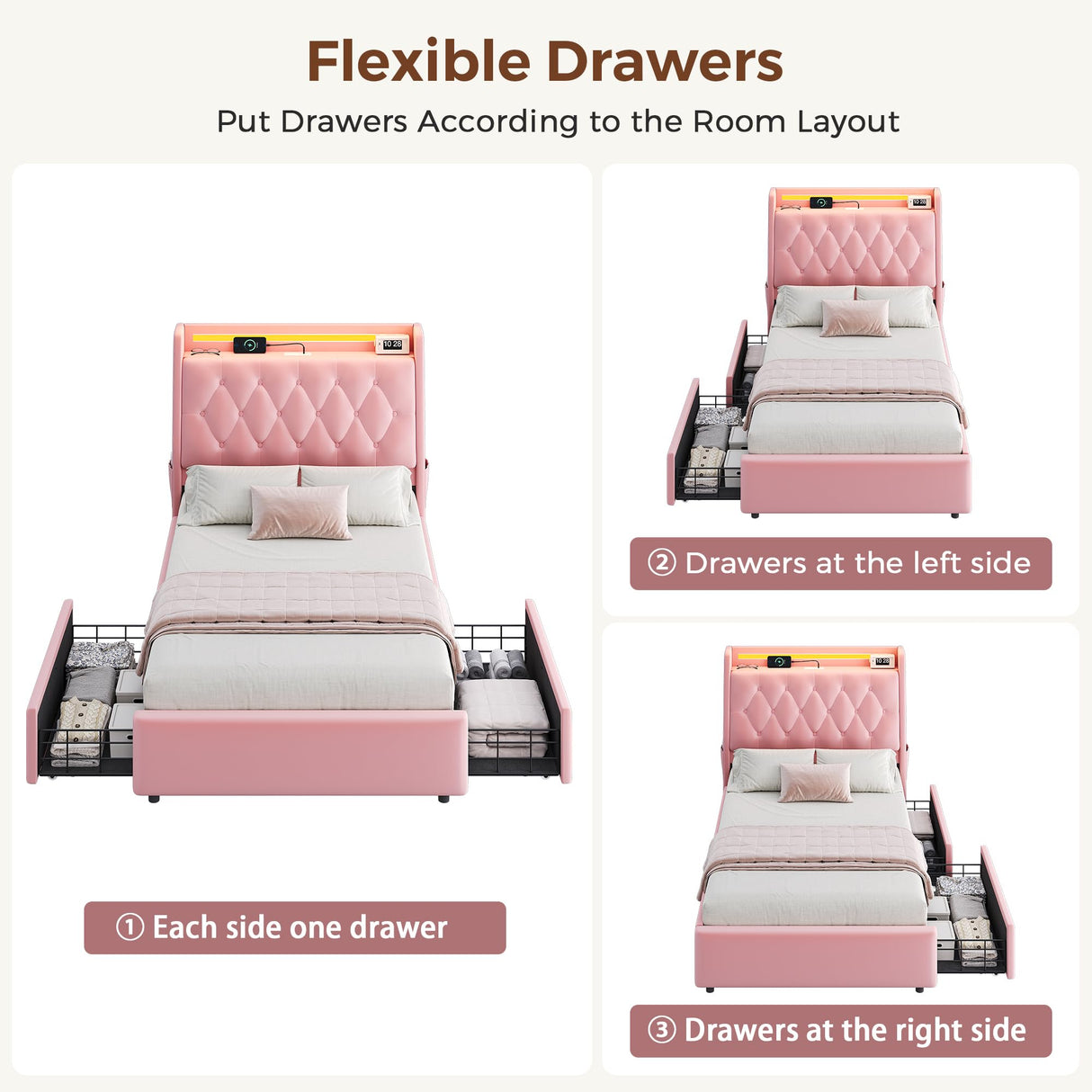 Twin LED Velvet Bed Frame with 2 Storage Drawers&Hidden Headboard, Upholstered Platform Bed with Charging Station&Button Tufted Design, Wooden Slats Support, Box Spring Optional, Easy Assembly, Pink Jocoevol