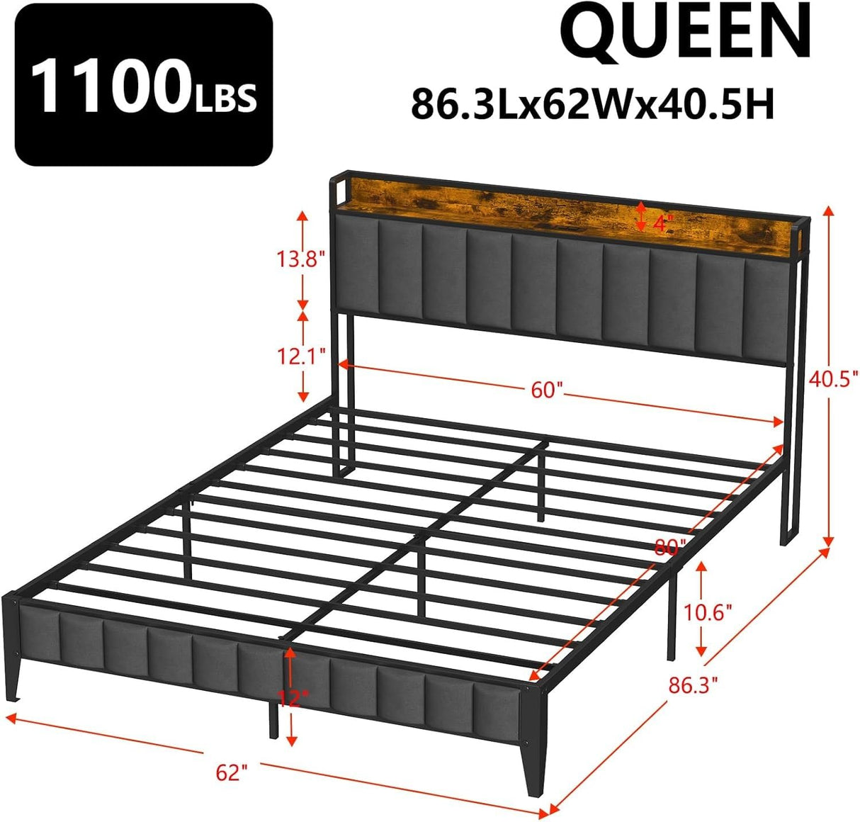 Queen Bed Frame, Storage Headboard with USB Ports & Charging Station, No Box Spring Needed, Noise-Free, Heavy Duty Metal Frame Support, Easy Assembly EasyCom