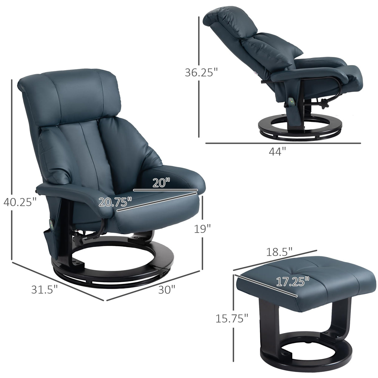 HOMCOM Massage Recliner Chair with Ottoman, 360° Swivel Recliner and Footstool, 10 Point Vibration, PU Leather Reclining Chair with Side Pocket and Remote Control, Blue HOMCOM