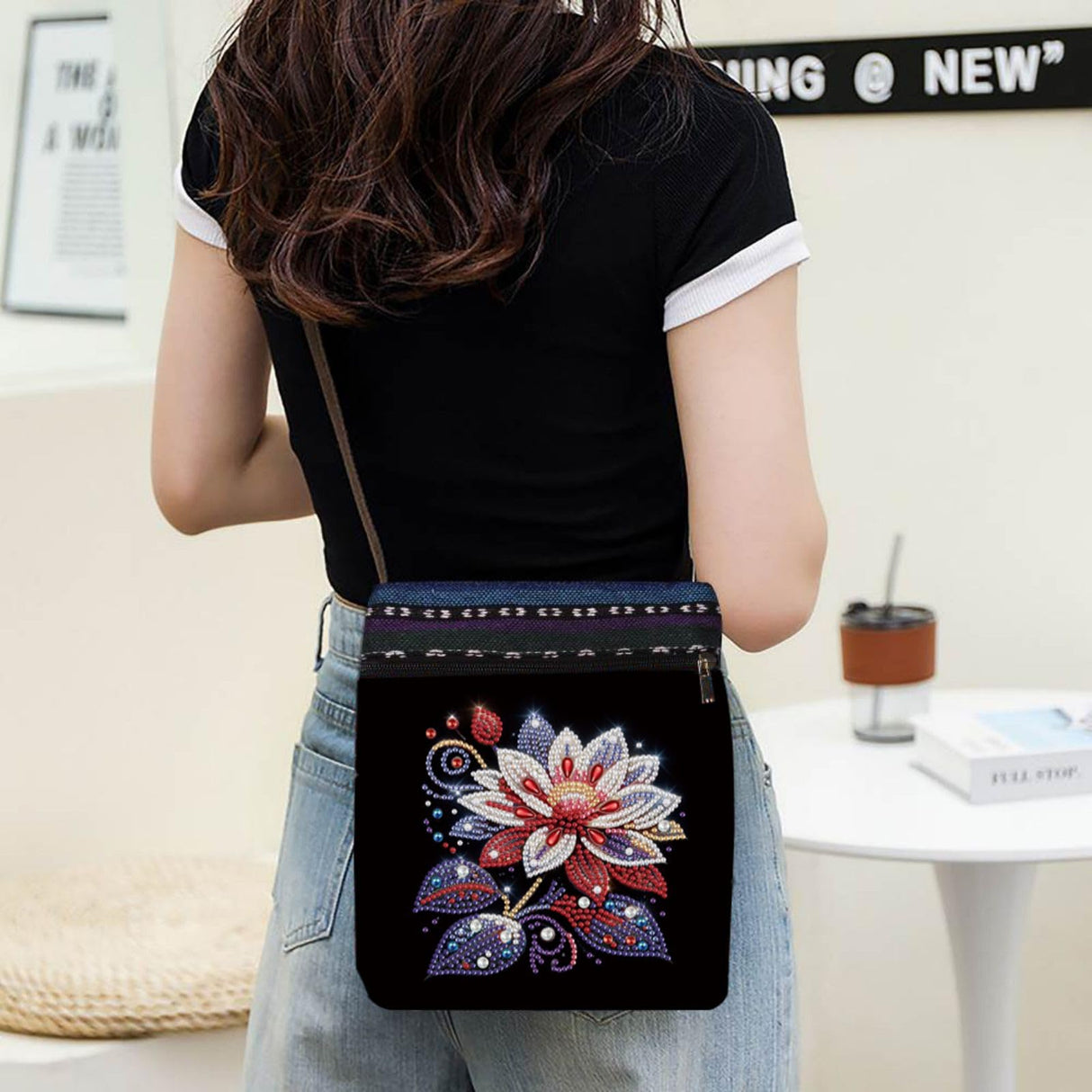 BAYUNOE DIY Diamond Crossbody Bag Diamond Art Painting Grocery Bag Black Canvas Shoulder Beach Tote Bags Single Side Diamond Shopping Bags for Women Art Craft Gift-Flower04 BAYUNOE