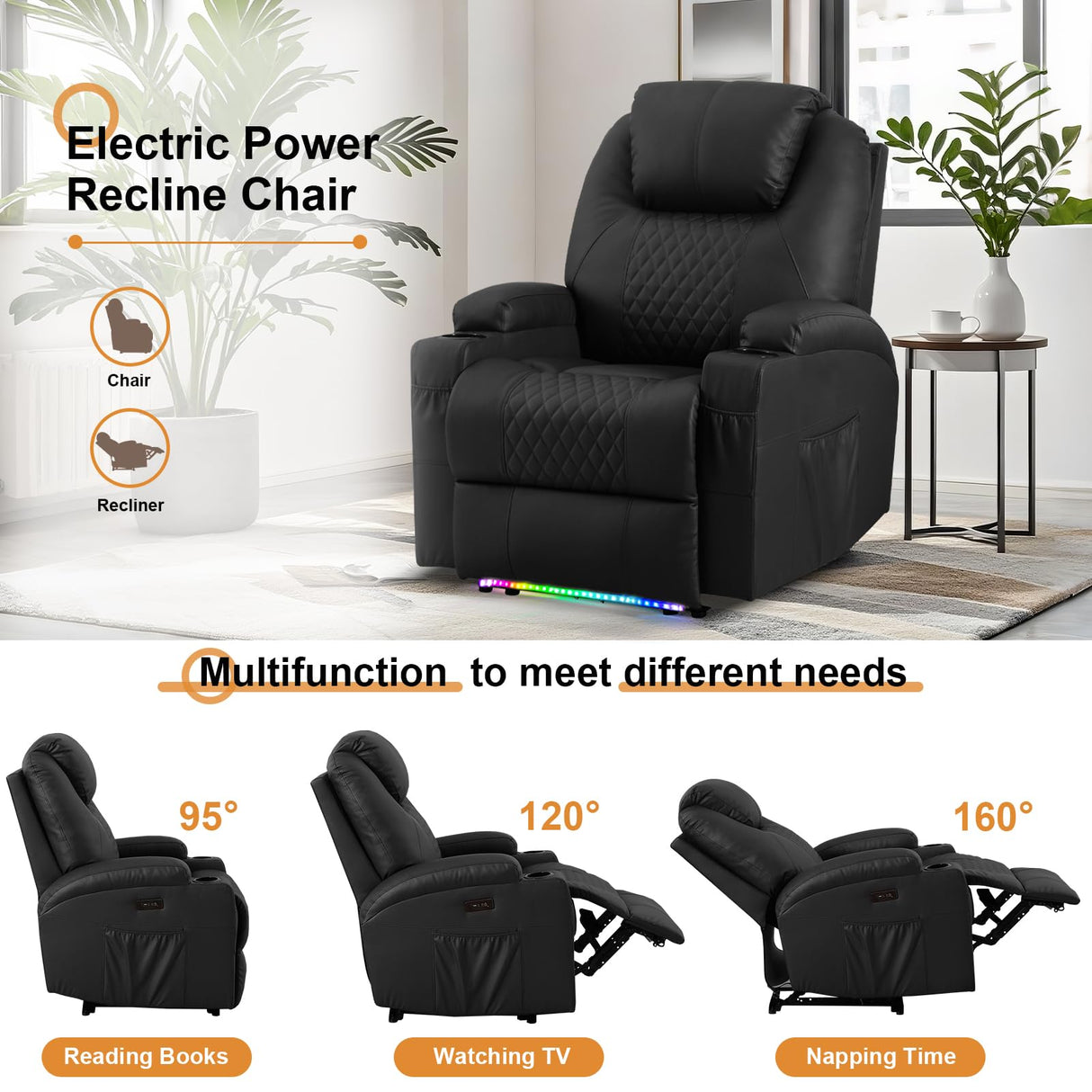 AHMED Power Recliner Chair with Vibration Massage & Heat for Adults, Faux Leather Home Theater Seating with Cup Holders/LED Lights/USB Ports/Side Pockets for Living Room, Black AHMED