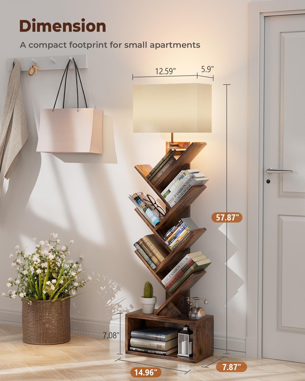 Evermagin 6 Tier Tree Bookshelf with Smart Light, Small Bookcase Tower with Remote Control, Tall Floor Standing Book Organizer for Living Room, Bedroom & Home Office, Rustic Brown Evermagin