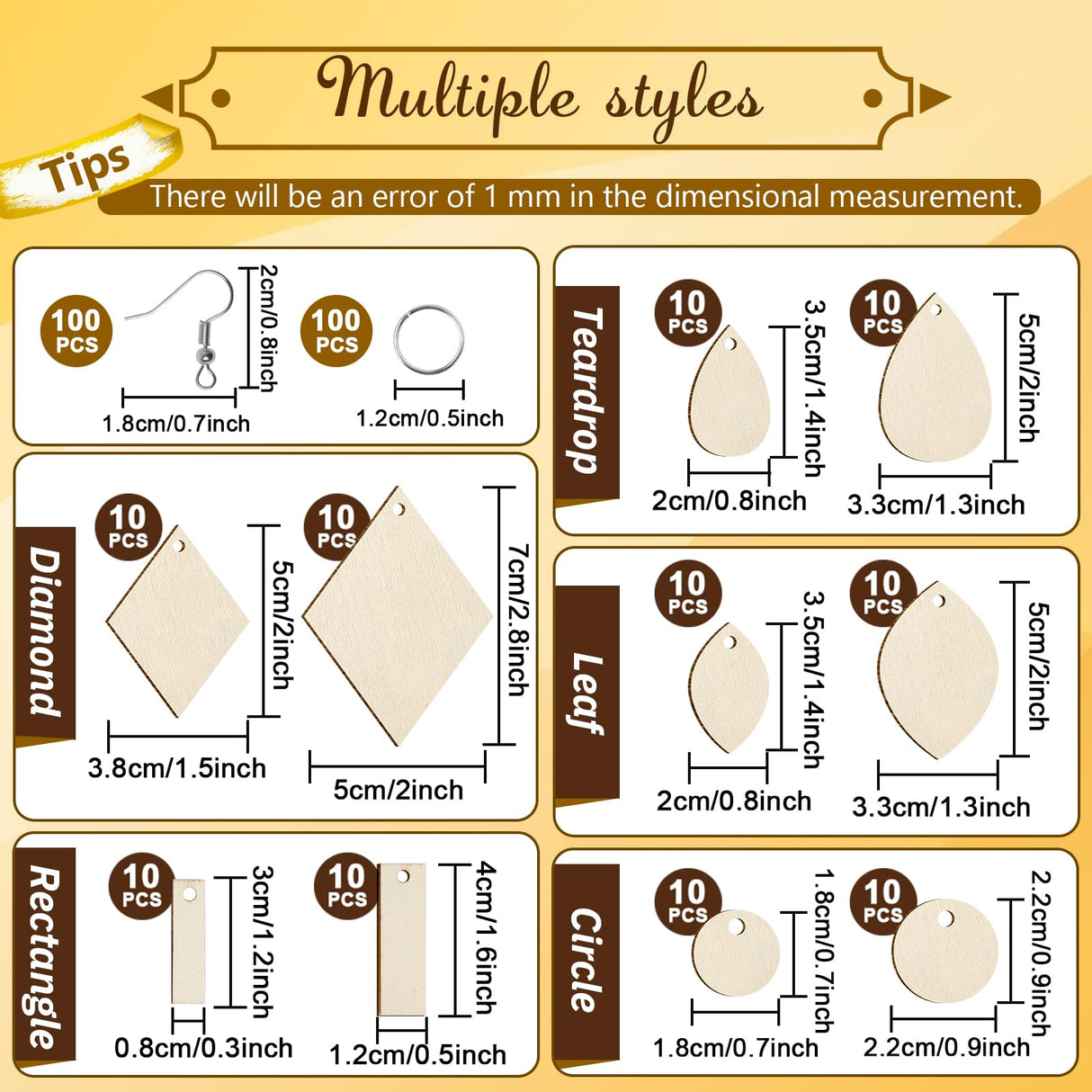 HAPY SHOP 300 Pieces Unfinished Wooden Earrings Teardrop/Circle/Leaf/Diamond/Rectangle Shapes Wood Earring Blanks 100 Pieces Earring Hooks and 100 Pieces Jump Rings HAPY SHOP