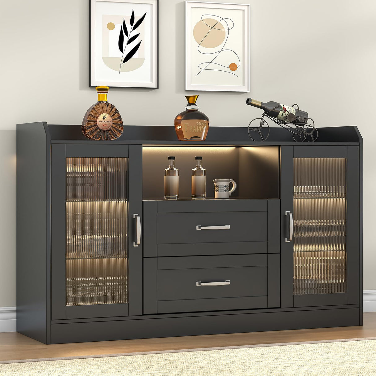 Melodyblue Buffet Cabinet with Led Lights and Drawers, Large Sideboard Buffet Storage Cabinet with Shelves & 4 Doors, Farmhouse Coffee Bar Cabinet Wood Buffet Table for Kitchen, Dining Room, Black Melodyblue