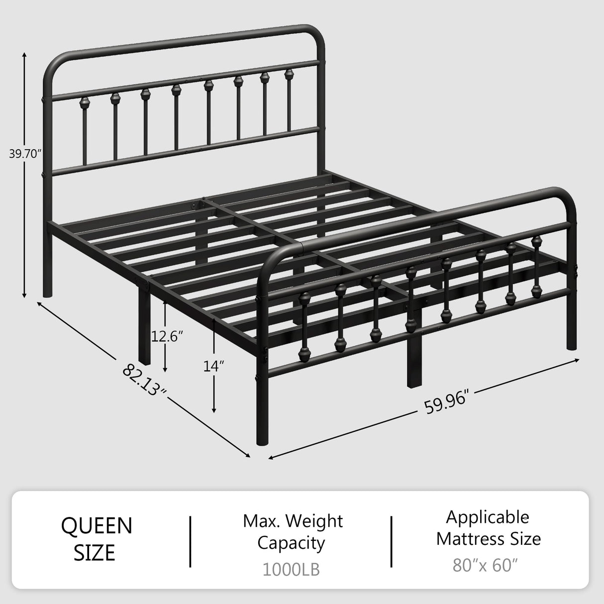 zunatu Queen Size Metal Platform Bed Frame/Victorian Style Headboard and Footboard/Steel Slat Support/Easy Assembly/No Box Spring Needed/Underbed Storage/Noise Free/Black zunatu