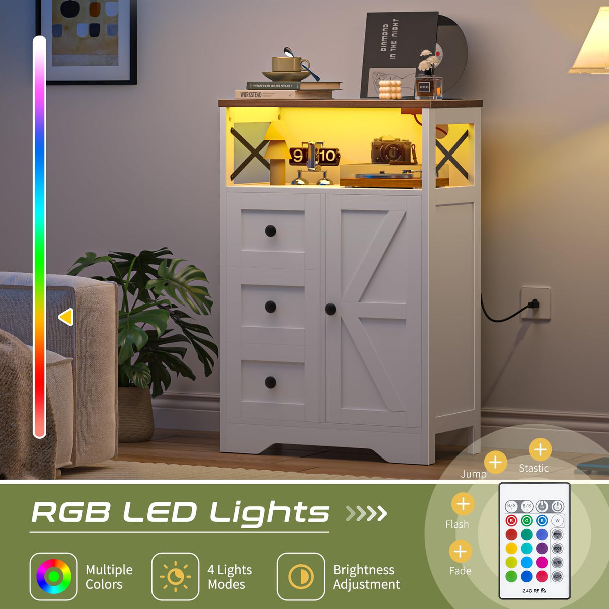 Yoobure LED Storage Cabinet with Doors and Shelves, Farmhouse Coffee Bar Pantry Cabinet with Drawers and Power Outlet, Wood Sideboard for Entryway Bathroom Dining Room Living Room Bedroom, White Yoobure