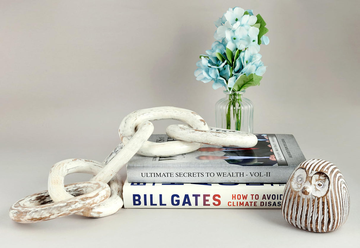 Wood Chain Link Decor Hand Carved 5-Link Wood Knot Decorative Chain, Rustic Wood Link Decorative Object Large Wooden Chain for Home Living Room Coffee Table Farmhouse White Eximious India