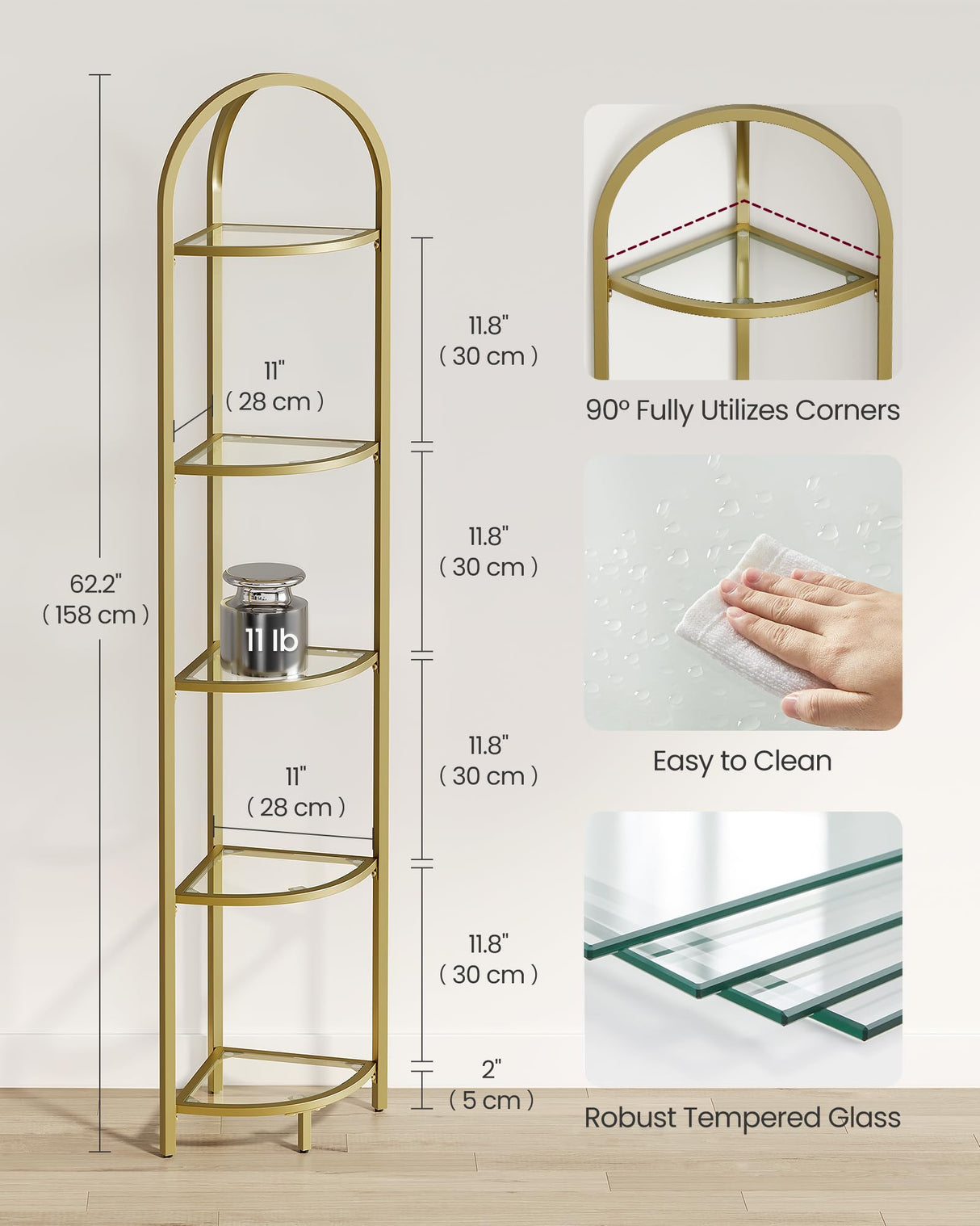 VASAGLE 5-Tier Corner Shelf Stand, Corner Bookshelf, Bathroom Organizer, Plant Stand, Tempered Glass, Steel Frame, Modern Style, for Living Room, Bathroom, Kitchen, Metallic Gold ULGT810A01 VASAGLE