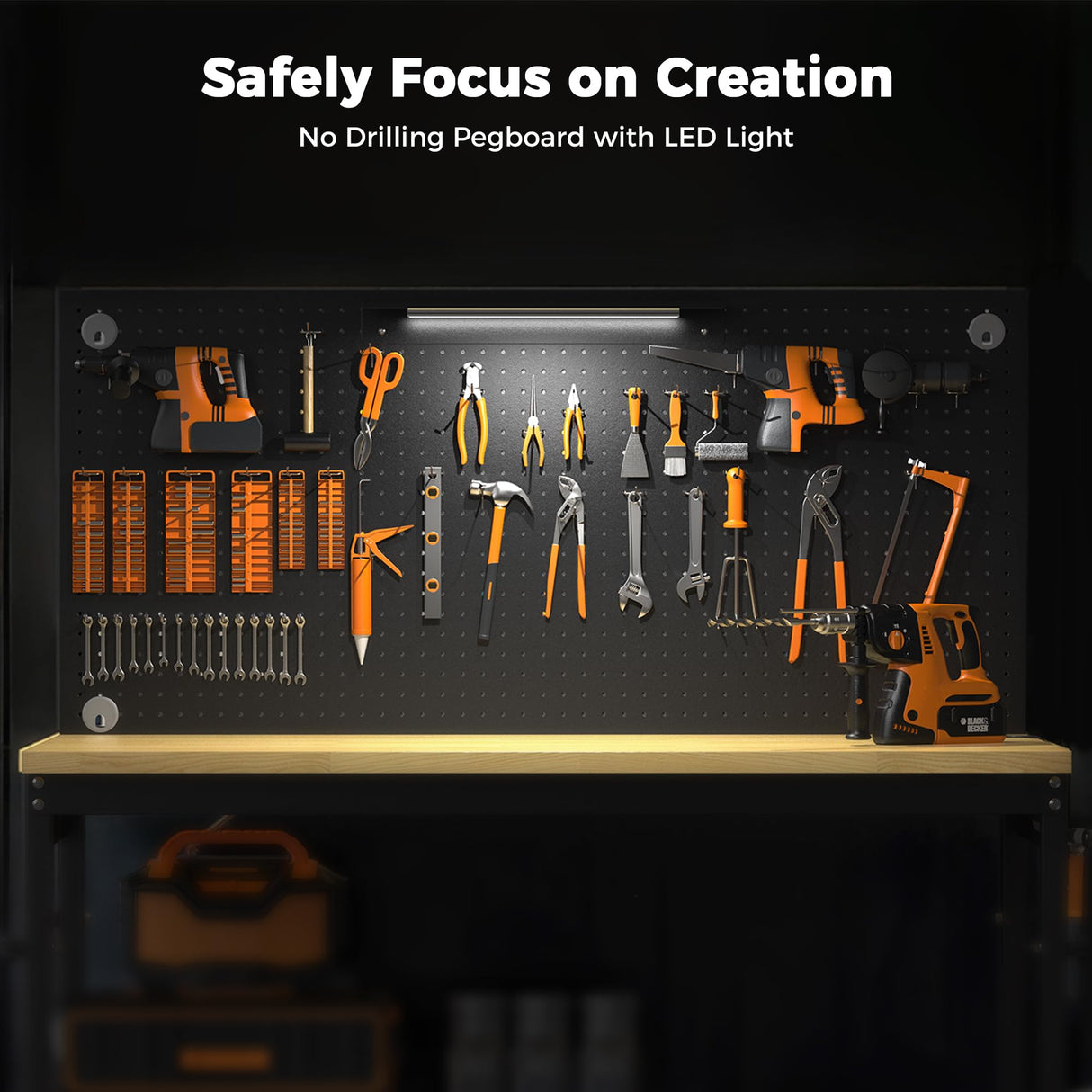 CAMMOO 48" Heavy Duty Work Bench Adjustable Height Max Load 2000 LBS with Storage Shelf for Garage Workbench, Rubberwood Tabletop with Pegboard, LED Light, Built-in Power Strip for Woodworking Shop CAMMOO