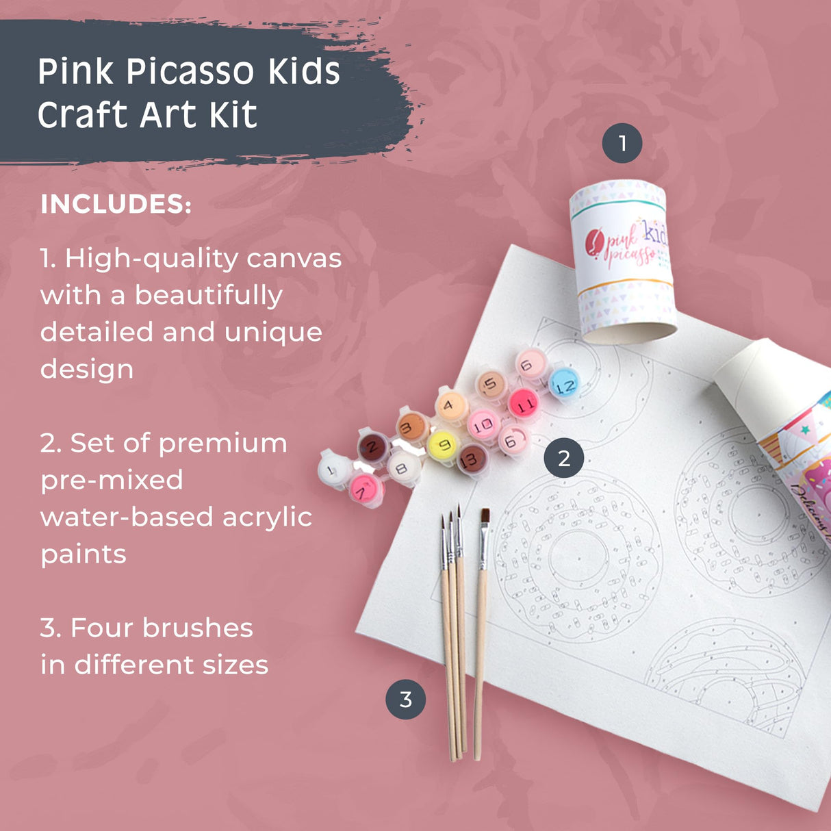 Pink Picasso Kits Paint by Number for Kids | DIY 8x10 Beginner Color by Numbers Canvas Painting Art Kits | Delicious Doughnuts Pink Picasso