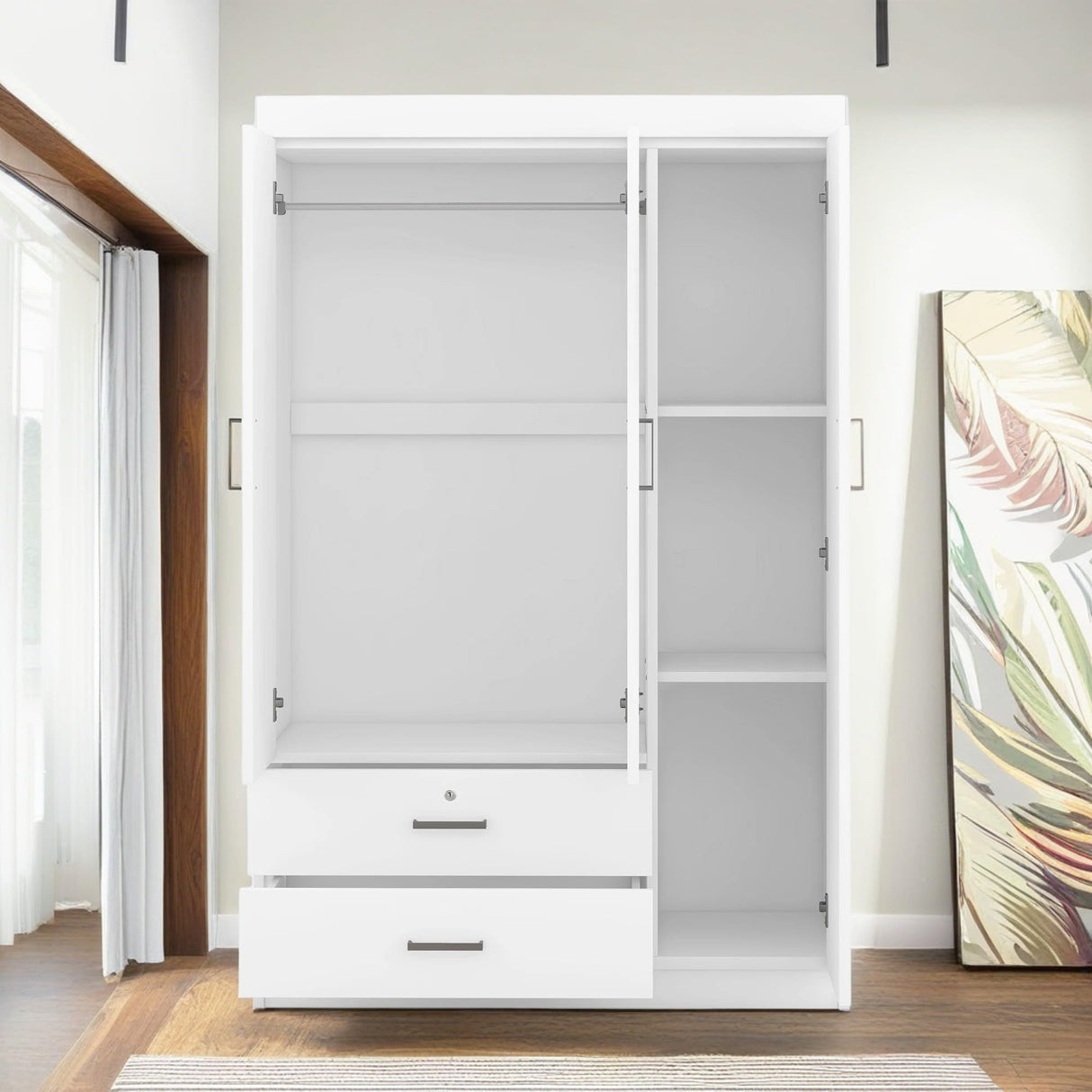 KELRIA Modern 3-Door Wardrobe with 2 Drawers, 3-Tier Storage-Cubes and Hanging Rail, Large Freestanding Armoire Wardrobe Closet, Clothes Storage Cabinet Organizer for Bedroom, White KELRIA