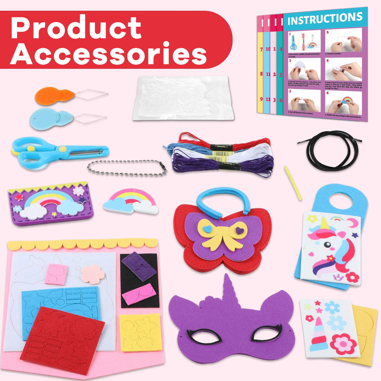ZOIIWA 12Sets My First Felt Sewing Kit for Kid Arts Crafts Unicorn Felt DIY Craft Kit DIY Stuffed Mermaid Purse Bags Pillow with Instruction Embroidery Gift for Girl Boy Beginners Ages 4+ Learn to Sew ZOIIWA