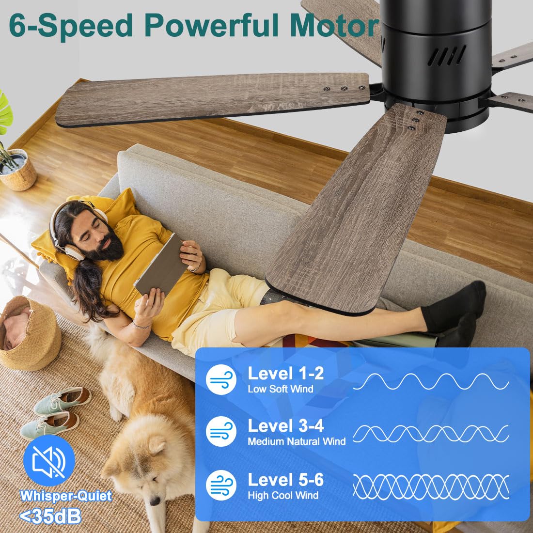 kadision 48 inch Flush Mount Ceiling Fans with Lights, 6-Speed Reversible Quite Motor, 6CCT Light Brightness Adjustable, Morden Low Profile Ceiling Fan for Bedroom Living Room, Black kadision