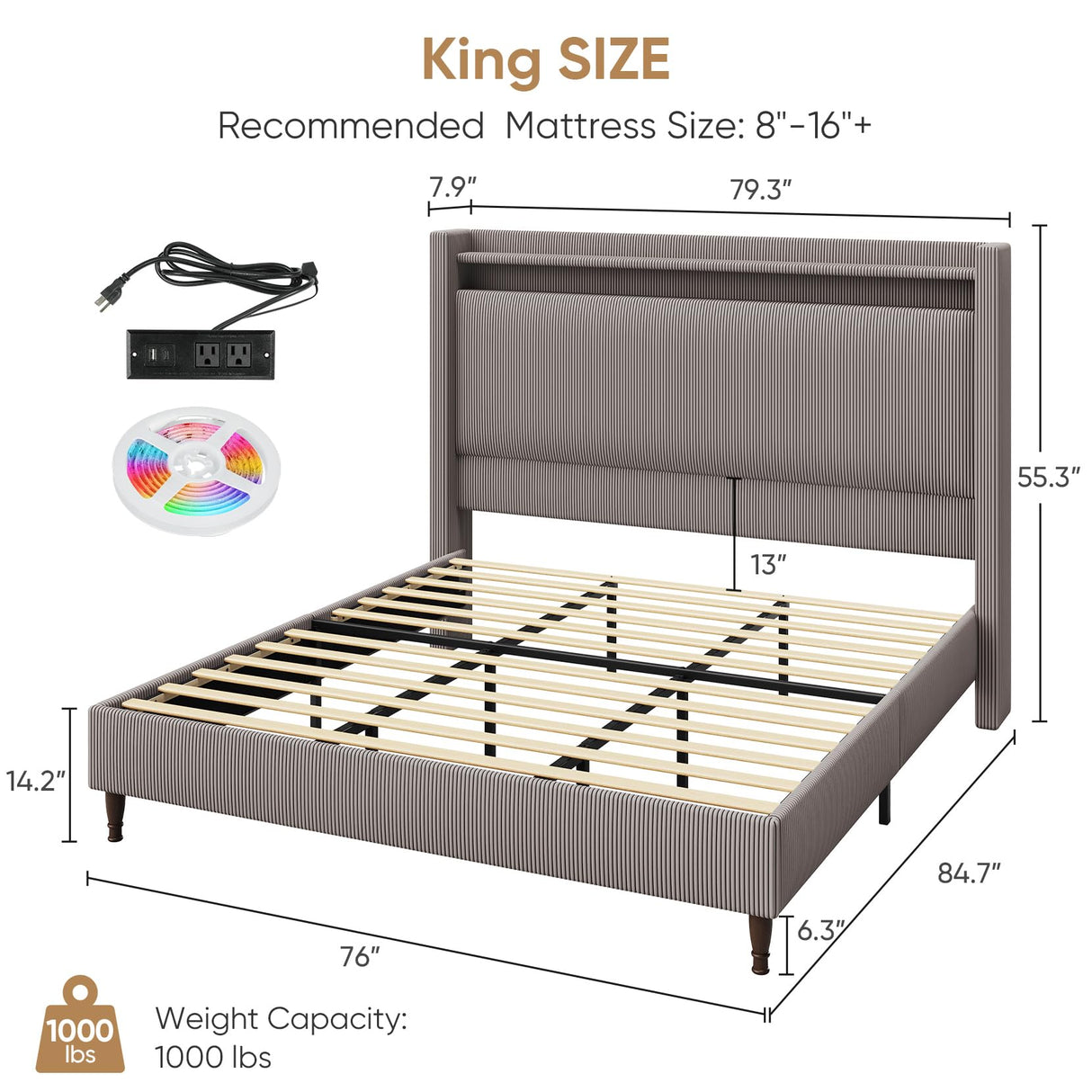 King Bed Frame with 55.3" Tall Headboard, Corduroy Upholstered Platform Bed with LED Lights & Charging Station, Wingback Storage Headboard, Solid Wood Slats,Noise Free,No Box Spring Needed,Gray Brown Welzona