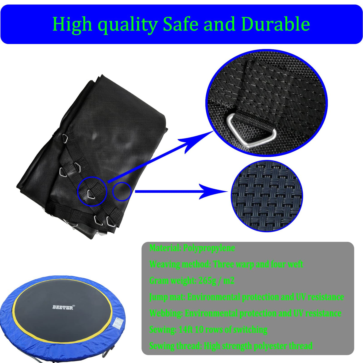 Bzzter Replacement Trampoline Mat,Fits 14ft Round Frame,with 72 Rings &147.6 Inch Diameter, Fits 6.5"-7.0" Spring,10 Rows of Stitching for Longer Lasting,w/Pull Hook and Gloves,14ft Trampoline Mat Bzzter