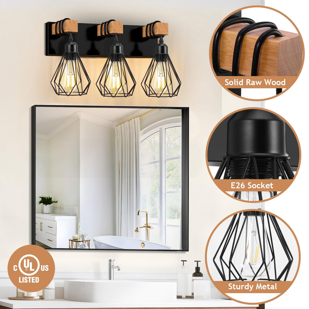 IZORRO Farmhouse Bathroom Vanity Light Fixtures, 3-Light Wood Bathroom Lighting Fixtures Over Mirror, Black Rustic Industrial Sconces Wall Lights with Metal Lampshade for Living Room, Bedroom IZORRO