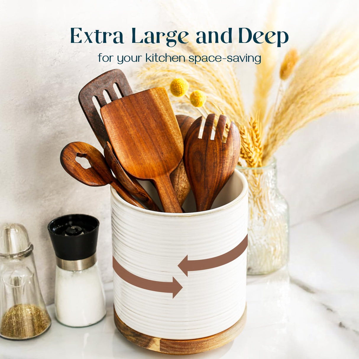 DOWAN Utensil Holder, 360° Rotating Extra Large Cooking Utensil Holder, 7.6" Kitchen Utensil Holder for Countertop, Utensil Crock for Farmhouse Kitchen Decor, Ceramic Stable Utensil Caddy, White DOWAN