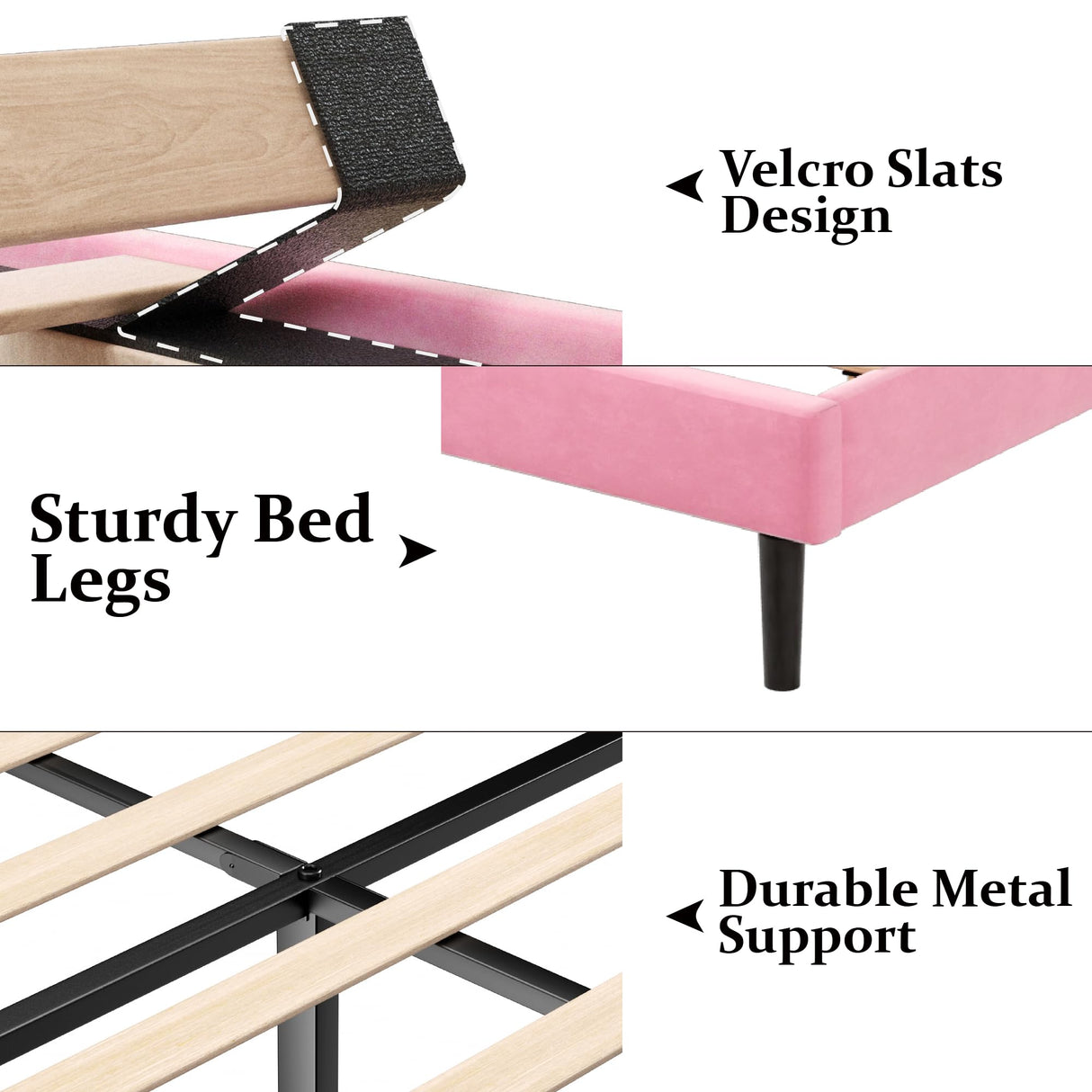 Gruwans Twin Size Bed Frames with Wingback Headboard Easy Assemnly Platform Bedframe, Sturdy Wooden Slat Support No Box Spring Needed, Pink Velvet Gruwans