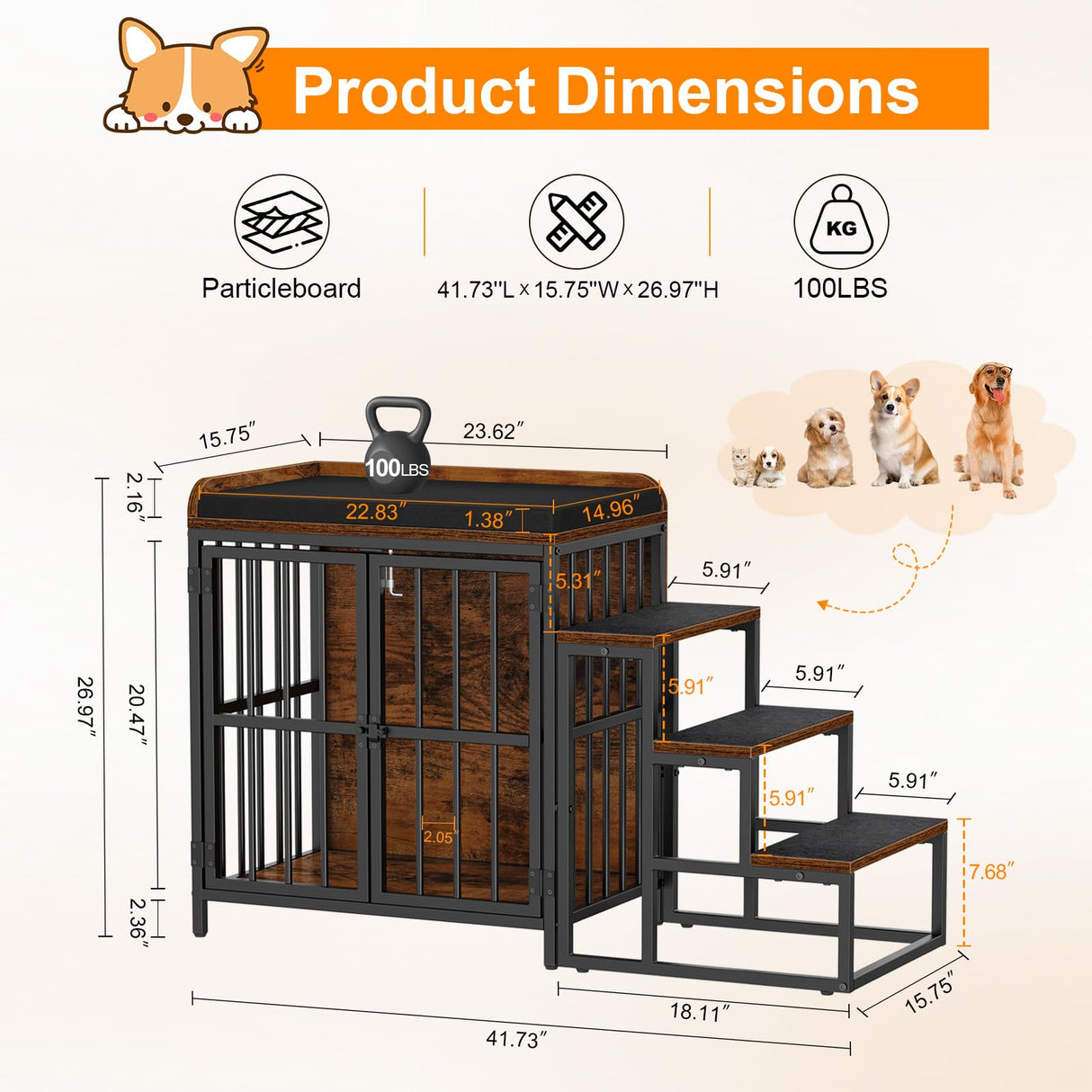 Snughome Dog Crate Furniture with Stairs, 41.73‘’ Wooden Dog Kennel Indoor with Double Doors, Furniture Style Dog Crate with Cushion for Dogs, Heavy Duty Dog Cage for Small/Medium Dogs, Rustic Brown Snughome