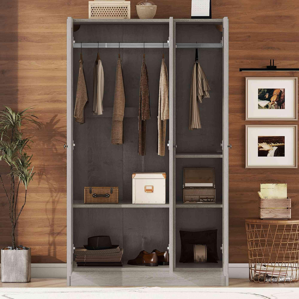 ATY 3-Door Wardrobe Closet with Shelves and Hanging Rod, Wooden Freestanding Armoire, Clothes Organizer Cabinet for Bedroom, Guestroom, Gray ATY