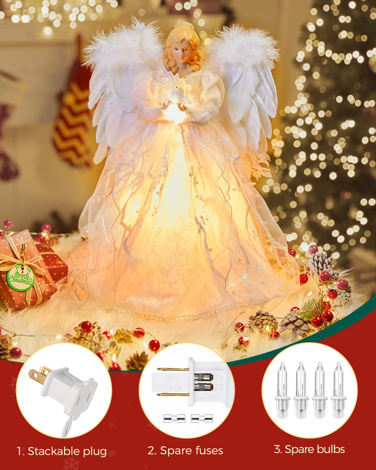 Christmas Tree Topper Angel with Lights, Xmas Tree Toppers Decorations Ornament with White Feather Wings, Plug in Christmas Tree Angel Treetop for Indoor Office Holiday Brightown