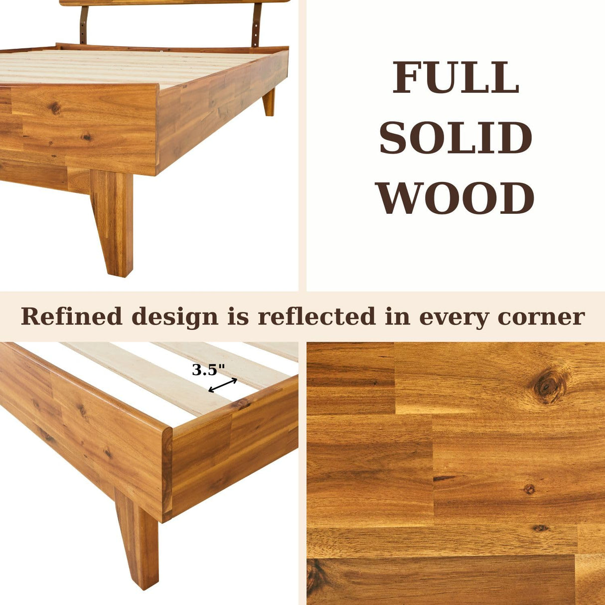 Bme Caden 15-Inch Adjustable Headboard Queen Bed Frame - Mid-Century Retro Acacia Wood, No Box Spring Needed Bme