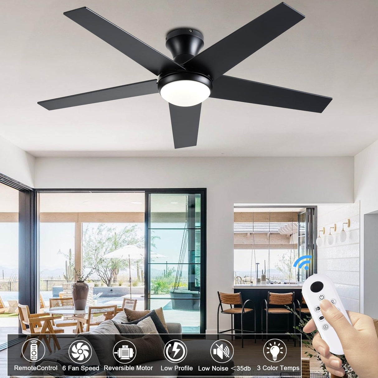 Ayaoty Ceiling Fans with Lights, 48 inch Low Profile Ceiling Fan with Light and Remote Control, Flush Mount, Reversible Motor, Dimmable, Noiseless, Black Ceiling Fan for Bedroom, Indoor/Outdoor Use Ayaoty