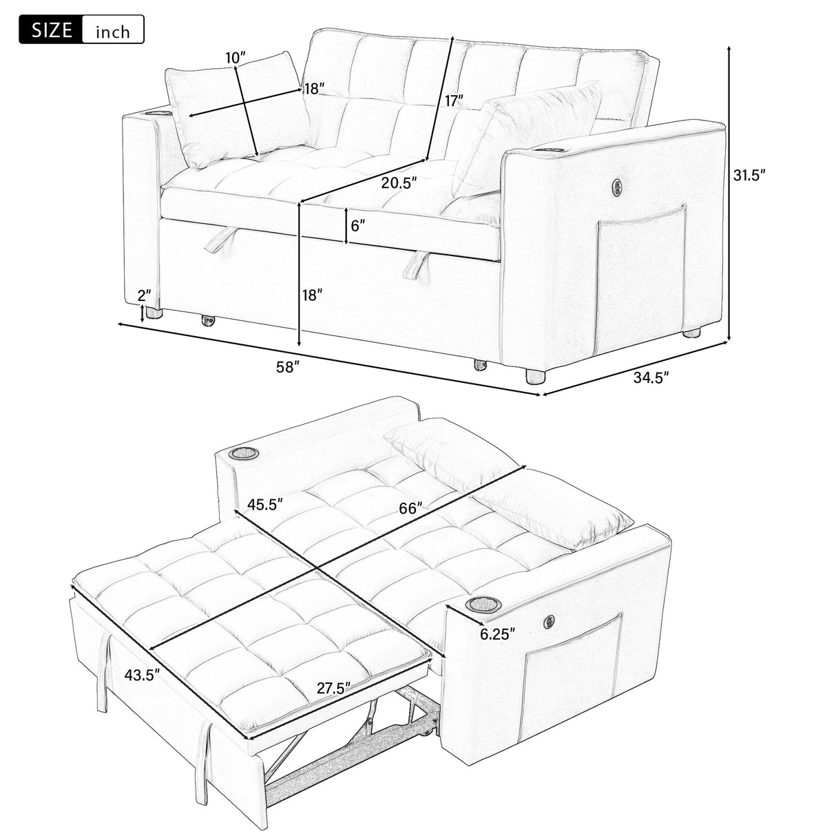 Multi-Functional Sofa Bed with Cup Holder and USB Port, Loveseat Pull Out Sofa Bed Sleeper Bed for Living Room Office Apartment (Gray) BEDGJH