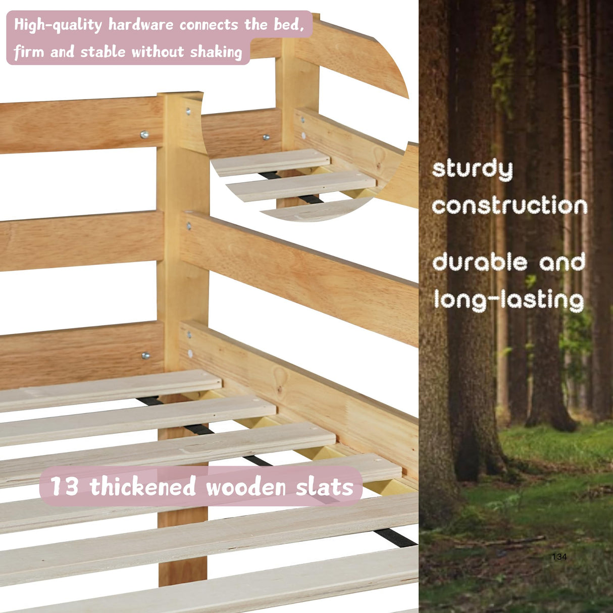 Low Bunk Beds Twin Over Twin Floor Bunk Bed Frame Junior Loft Bed for Kids Boys Girls Teens, Natural Bellemave