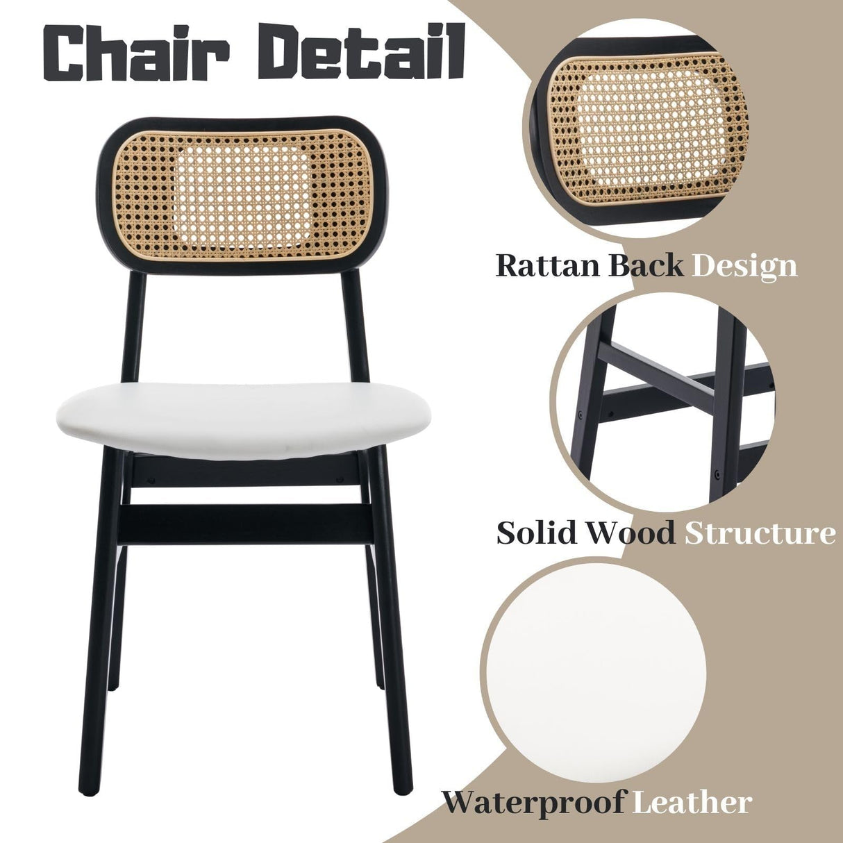 ROCITY Rattan Dining Chairs Set of 2 Black Wooden Dining Room Chairs White Faux Leather Kitchen Chairs with Back Farmhouse Side Chairs ROCITY